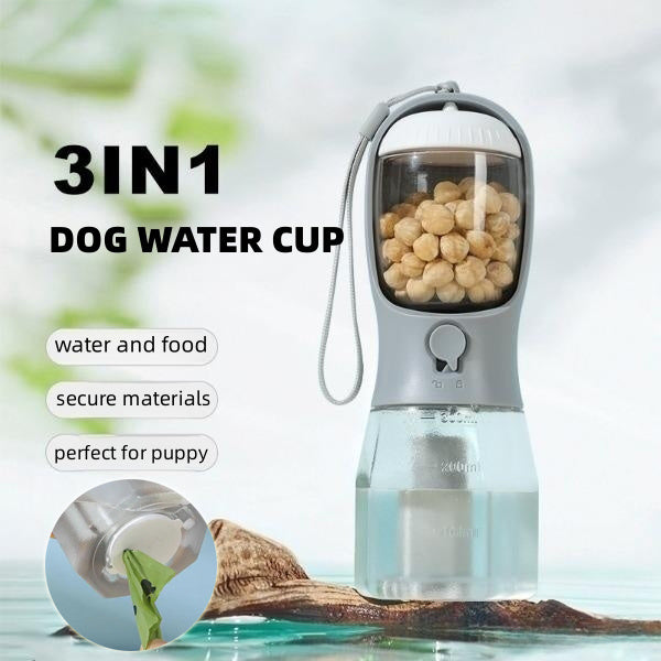 Dog Water Cup Three-in-One with food dispenser, secure materials, ideal for puppies.