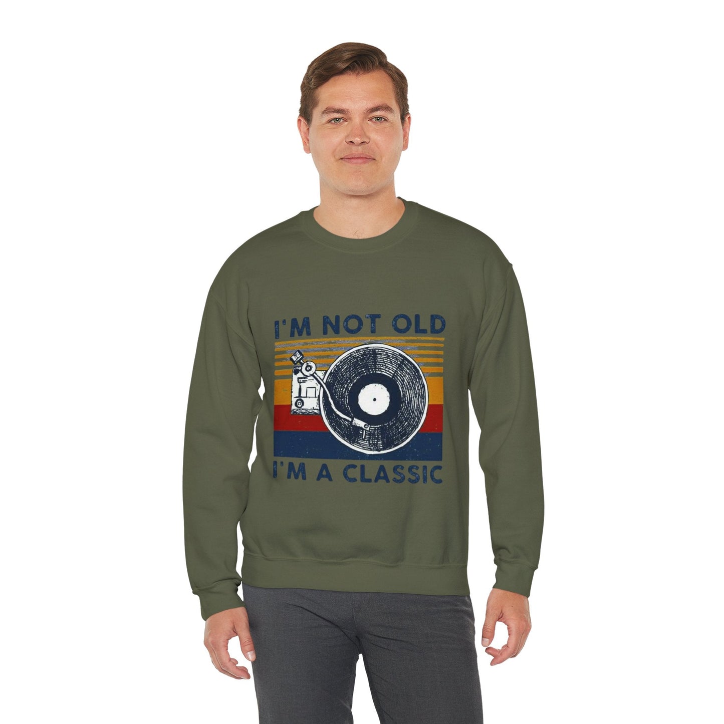 Unisex crewneck sweatshirt with "I'm Not Old I'm a Classic" design, featuring a vintage record player graphic.
