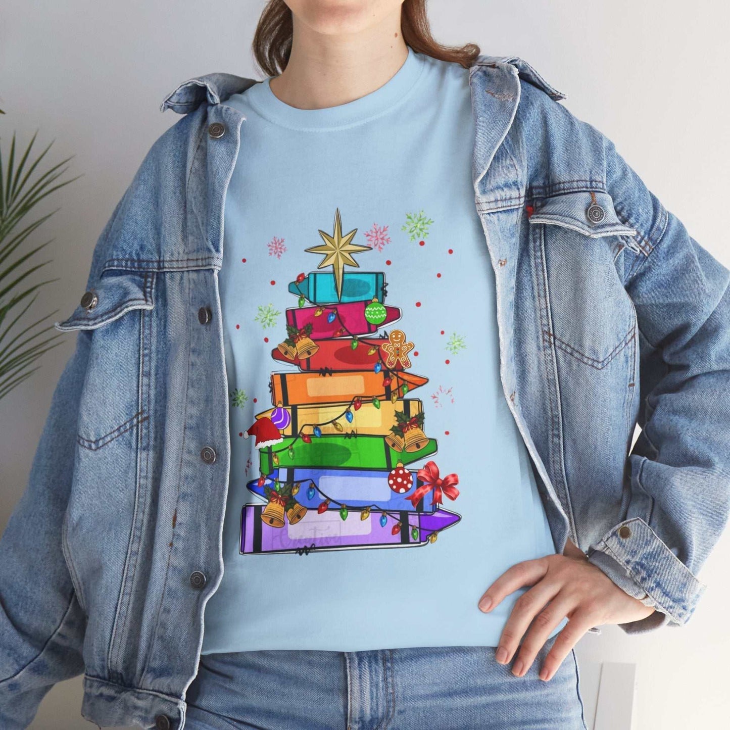 Crayons Christmas Tree T-Shirt with colorful crayon tree design for teachers.