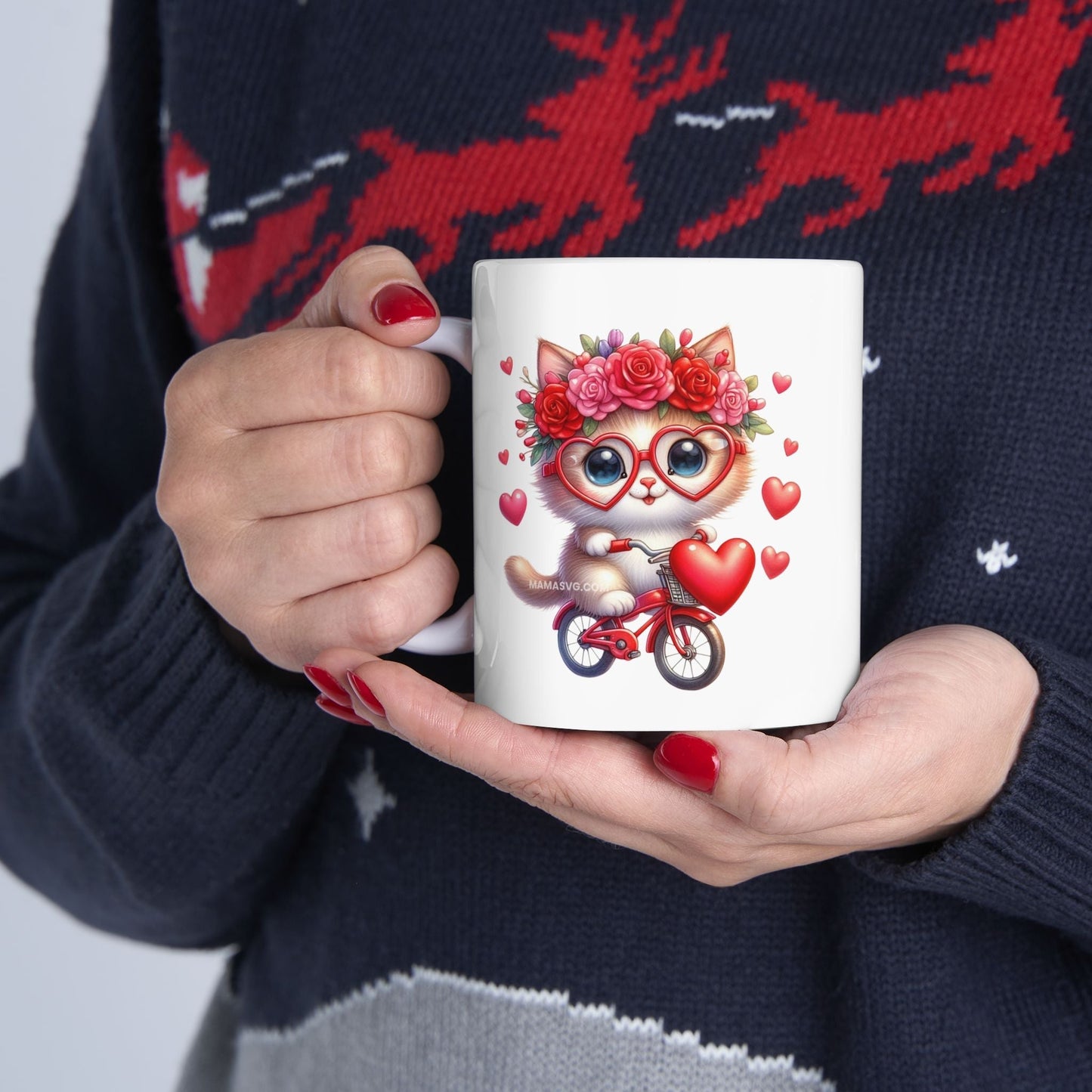 Biker Cat Cycling Hearts Mugs, Valentines Cat Lover Gift
