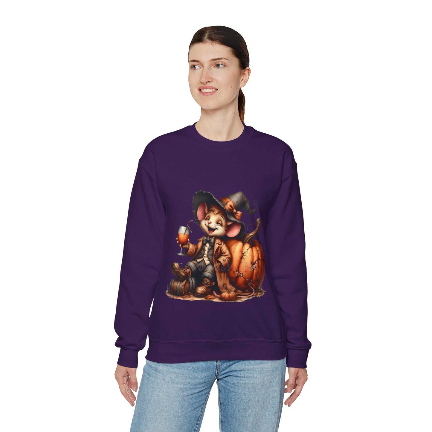 Funny Mouse Halloween Sweetshirt featuring a whimsical mouse design with pumpkins, ideal for spooky season and Halloween lovers.