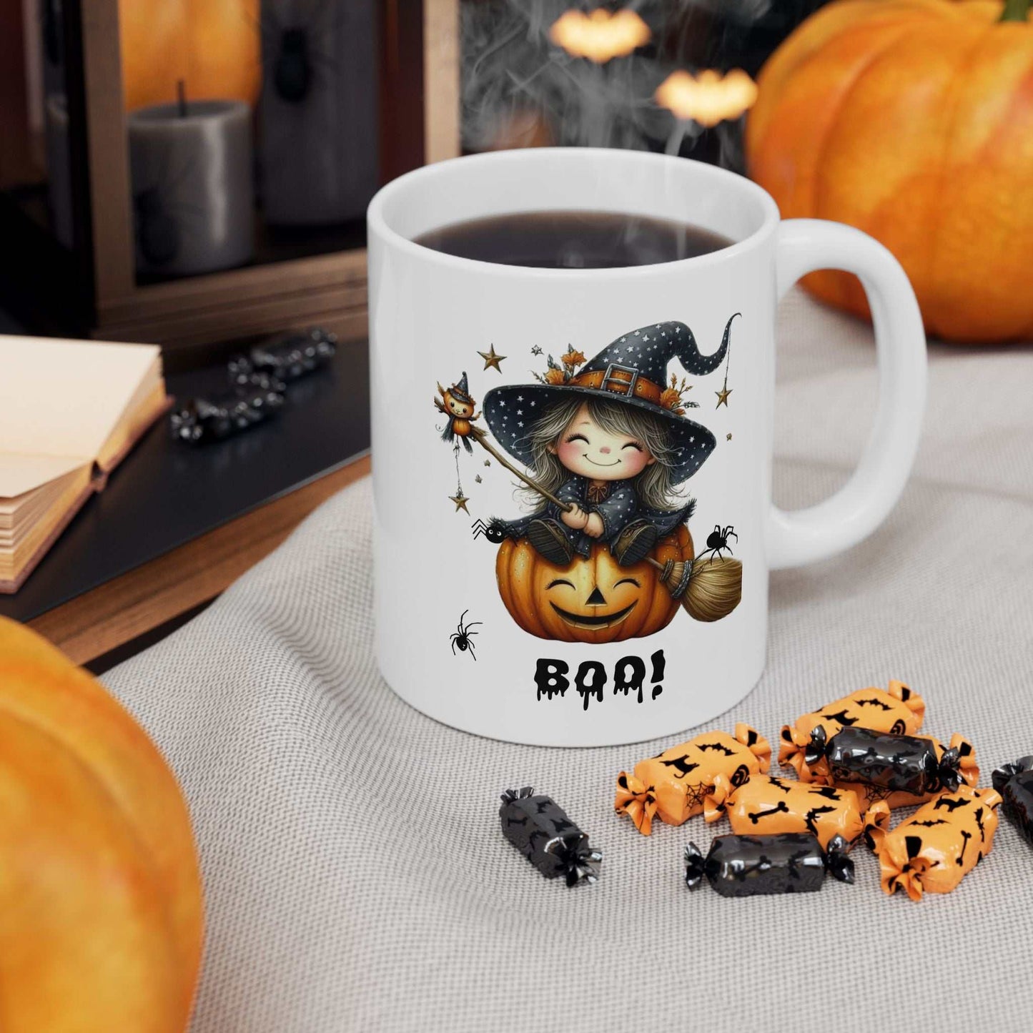 Halloween girl mug featuring a cute ghost design on a white ceramic cup.