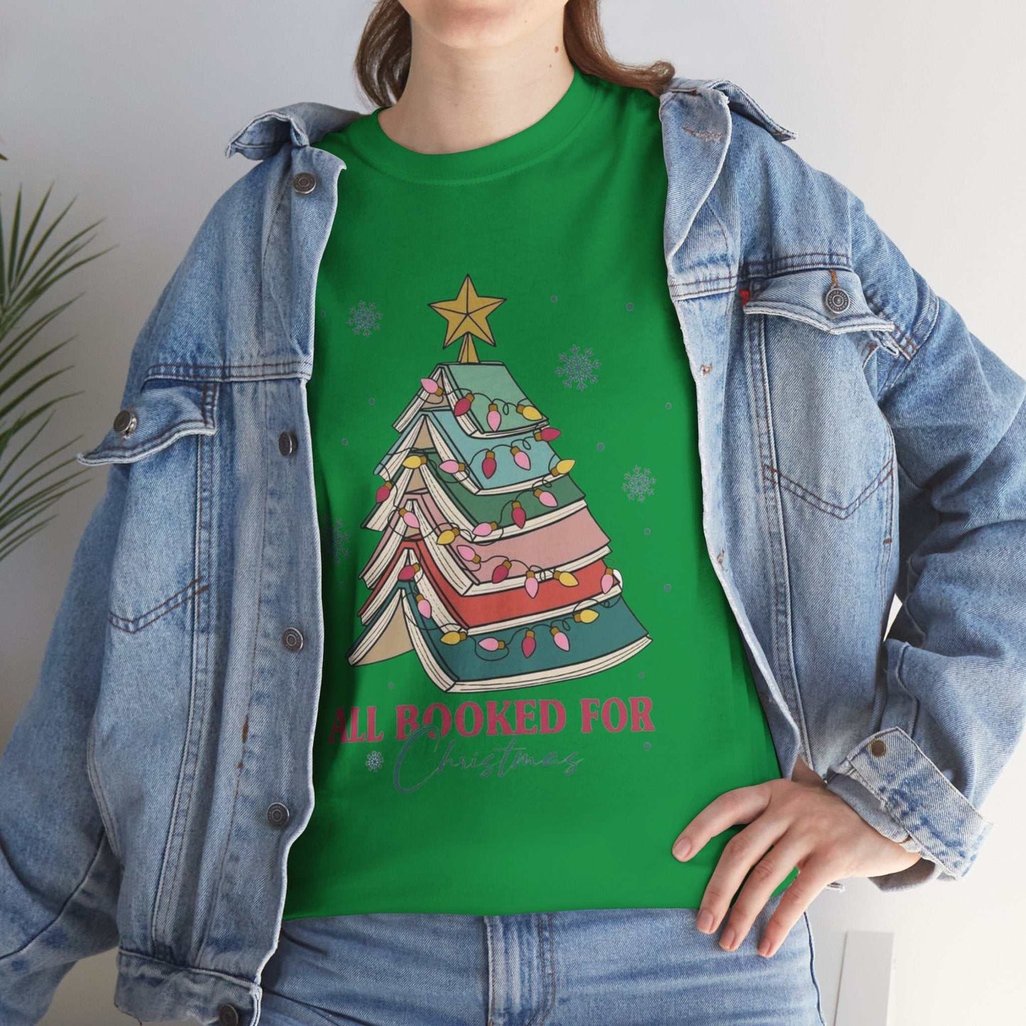Christmas shirt gift featuring book-themed tree design, ideal for book lovers and librarians.
