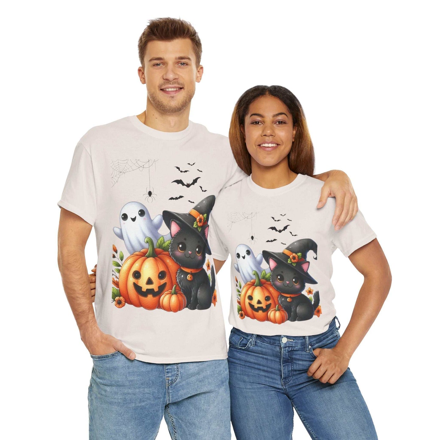 Halloween cat kids shirt with ghost, pumpkin, and black cat design, perfect for spooky season and cat lovers.