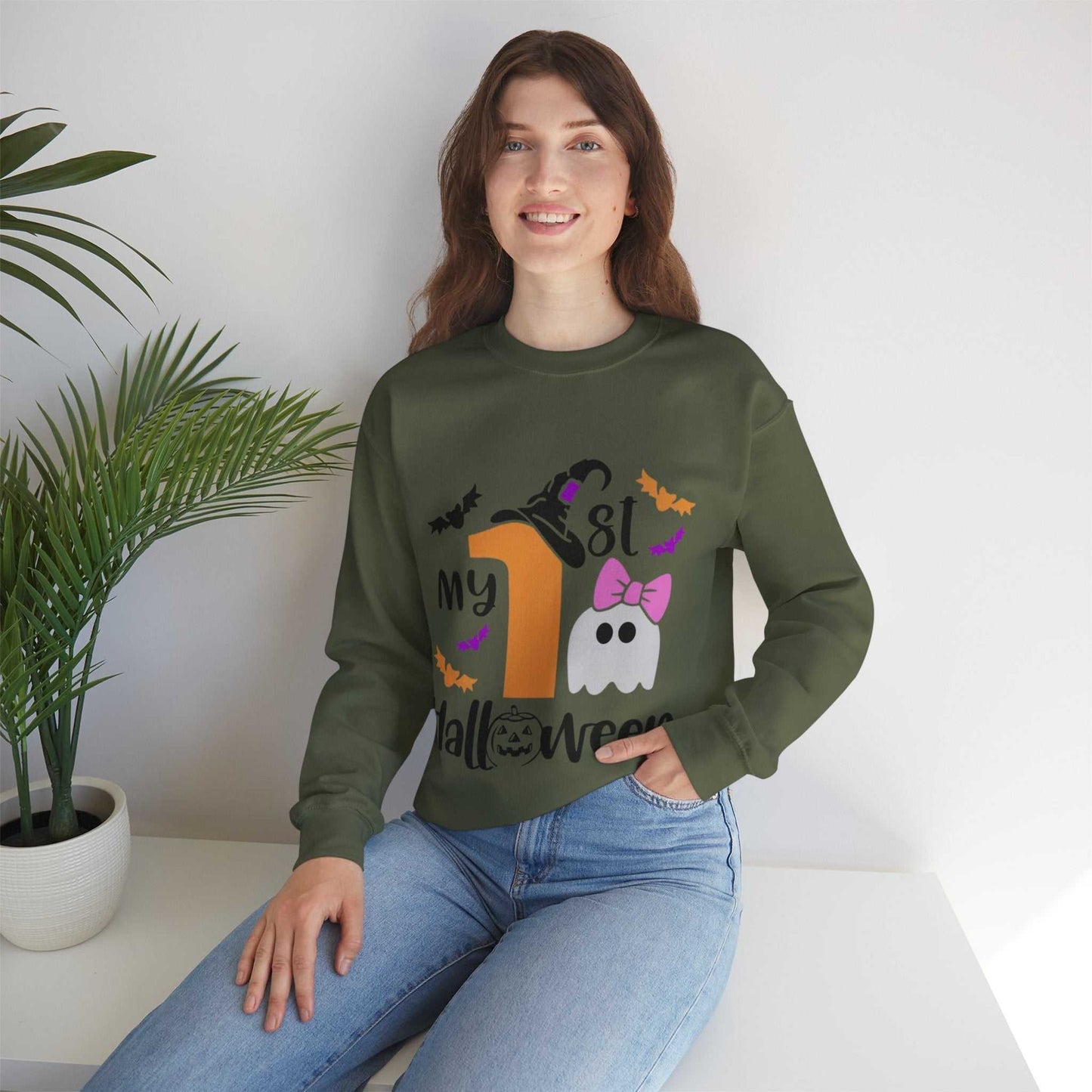 Baby Ghost My 1st Halloween sweatshirt with cute ghost and pumpkin design, ideal for toddler Halloween celebrations.