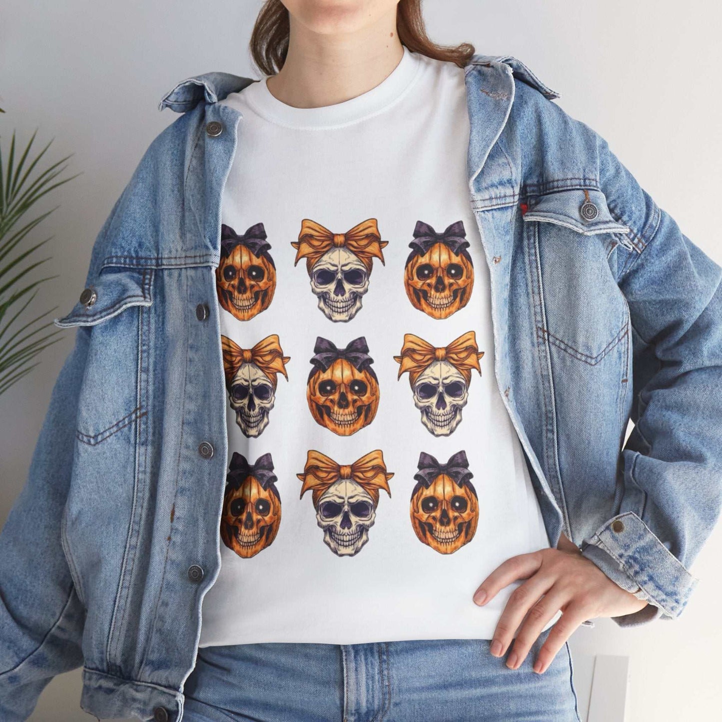 Halloween Skull Shirt with colorful skull design, denim jacket styled.
