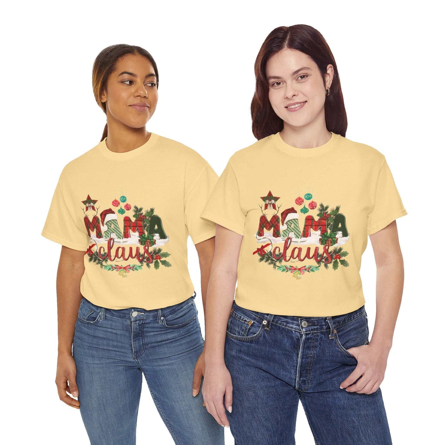 Mama Claus Christmas Shirt featuring festive design worn by two women.