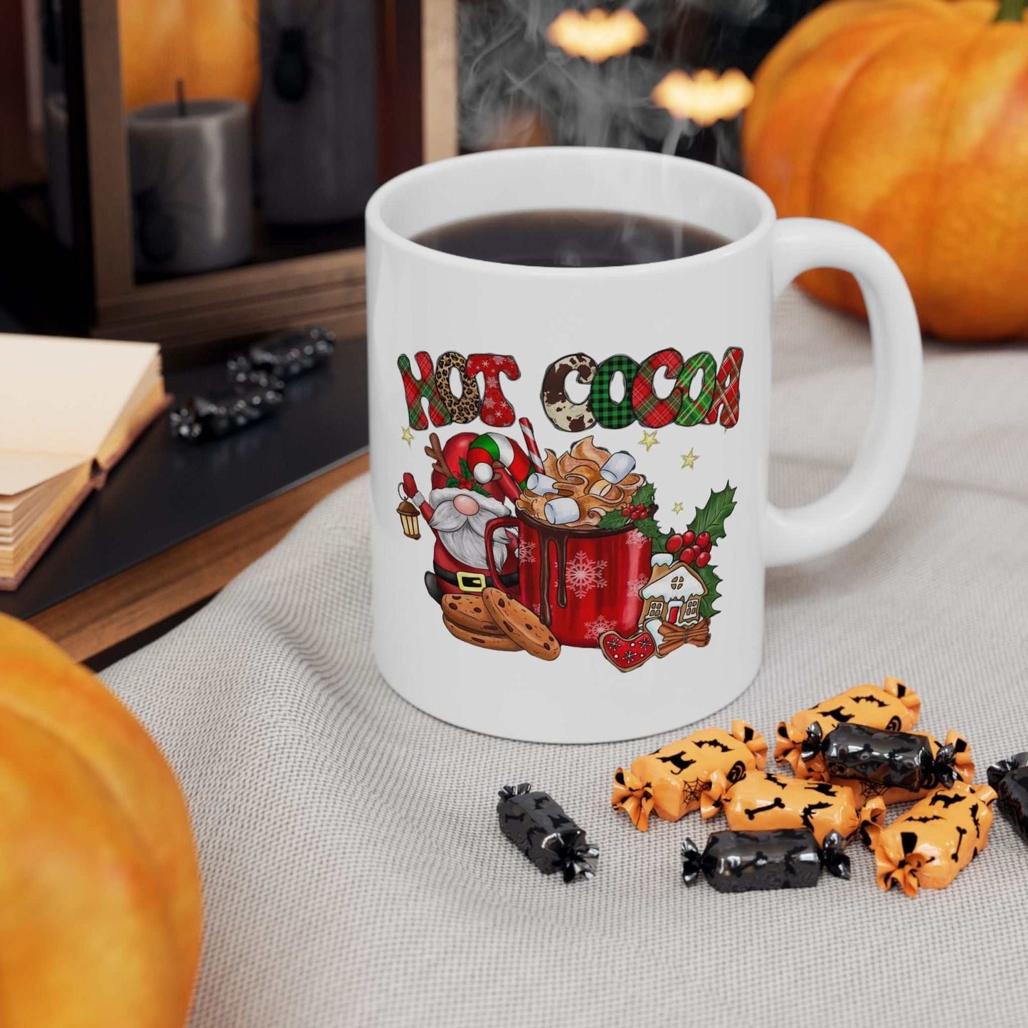 Hot Cocoa Christmas Movies Mug with festive gnome design, perfect holiday gift.