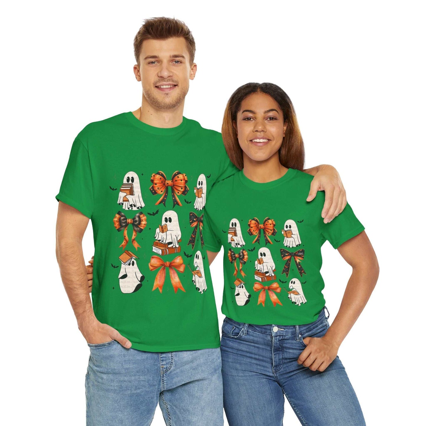 Book Ghost Halloween Shirt featuring whimsical ghost and book design, unisex cotton tee for casual fashion.