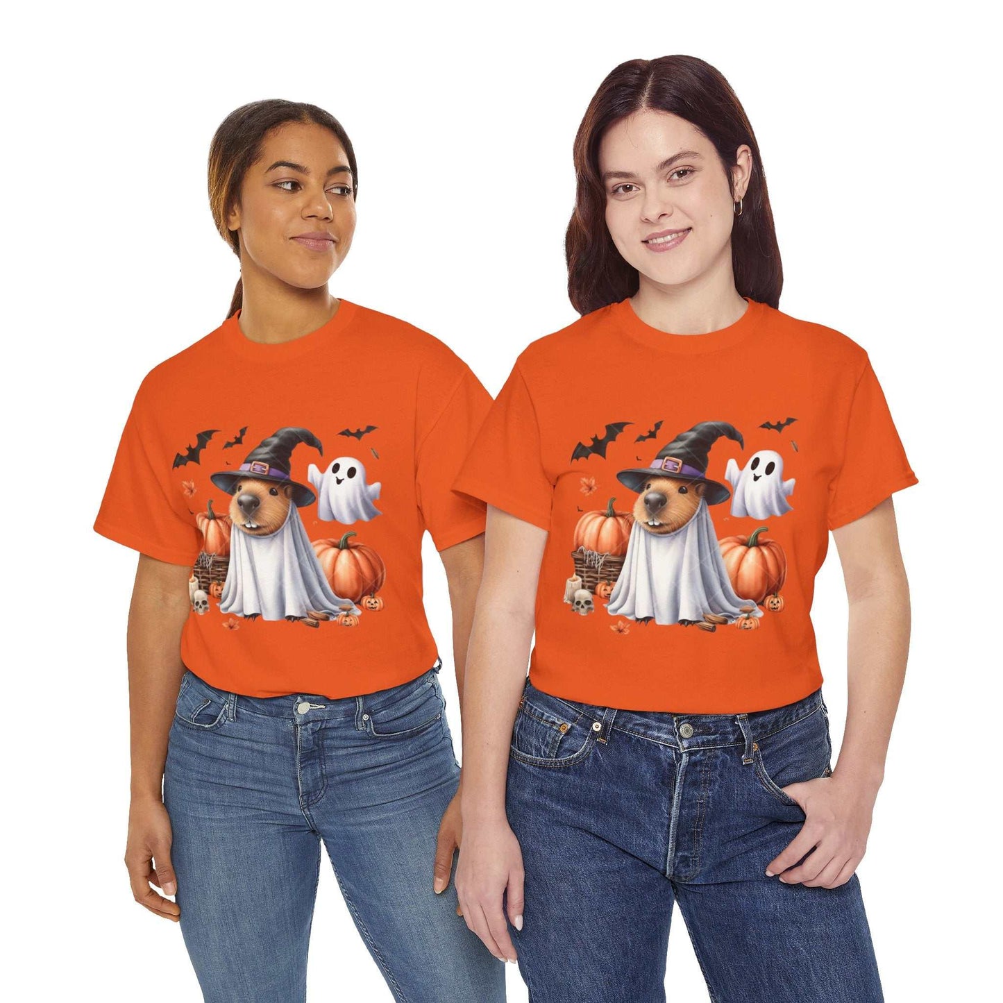 Halloween Capybara Shirt featuring spooky capybara with ghost and pumpkin design, perfect for a Halloween costume.