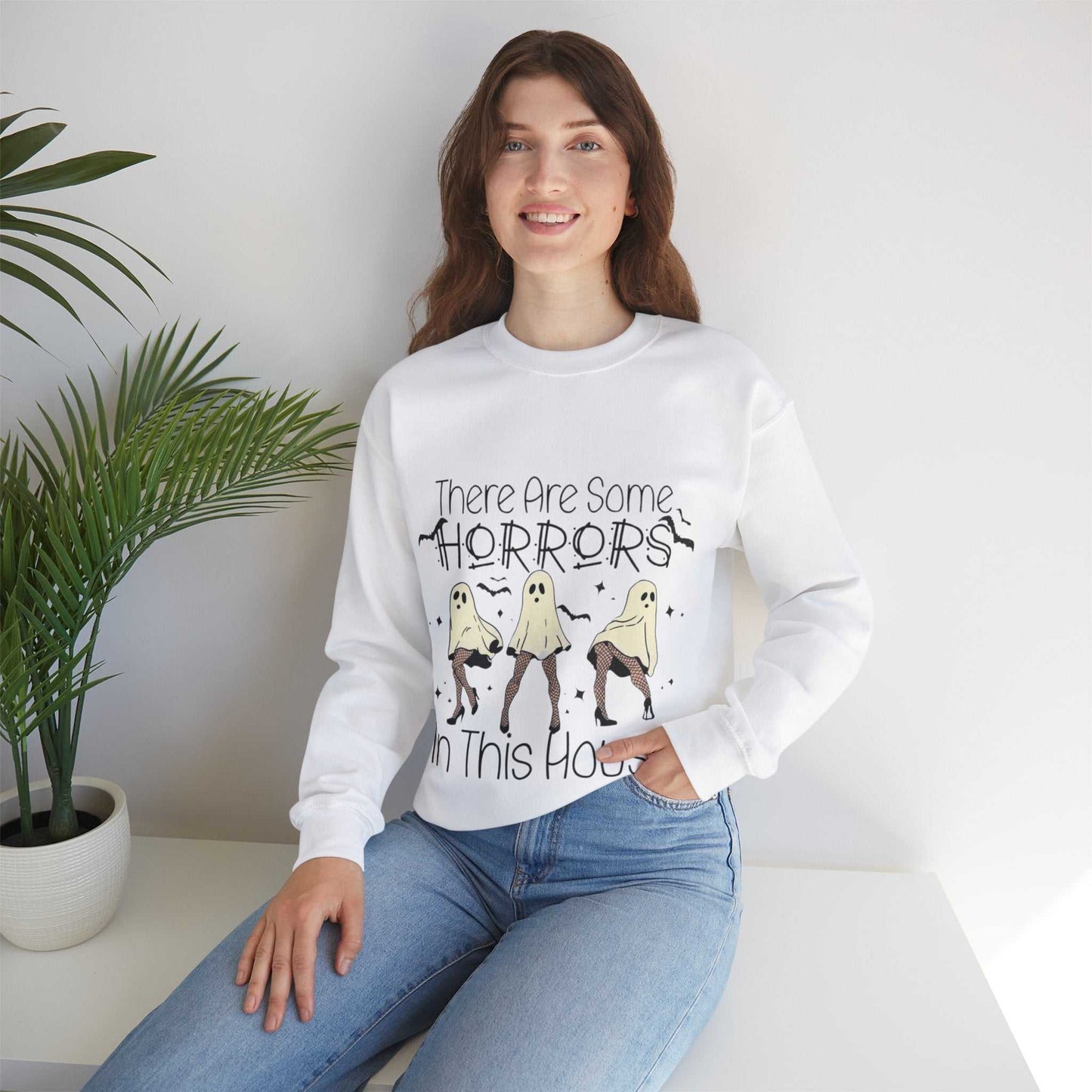 Unisex "Funny Halloween Sweatshirt" with retro horror design and ribbed collar.