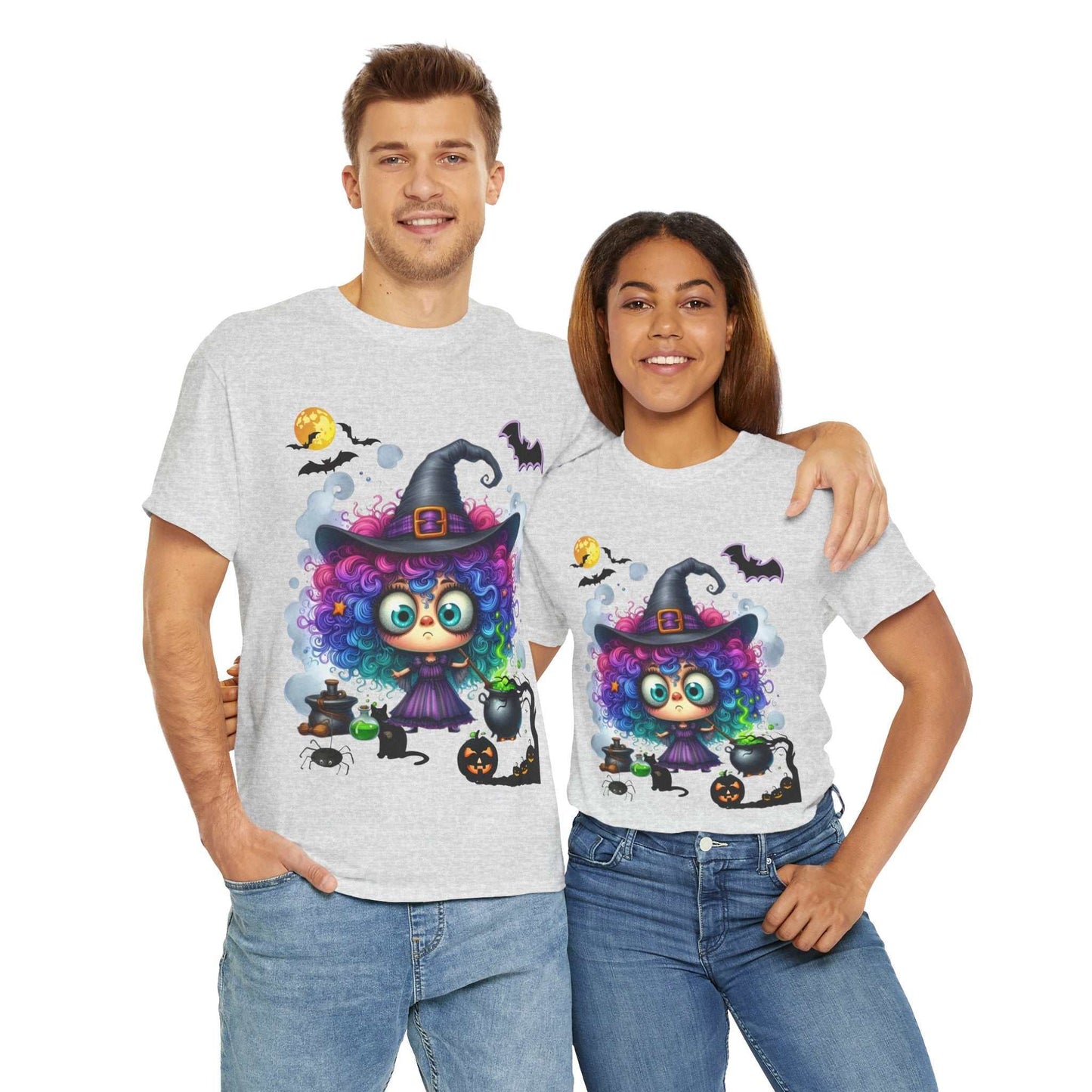 Halloween girl ghost shirt with colorful witch design, perfect for kids.