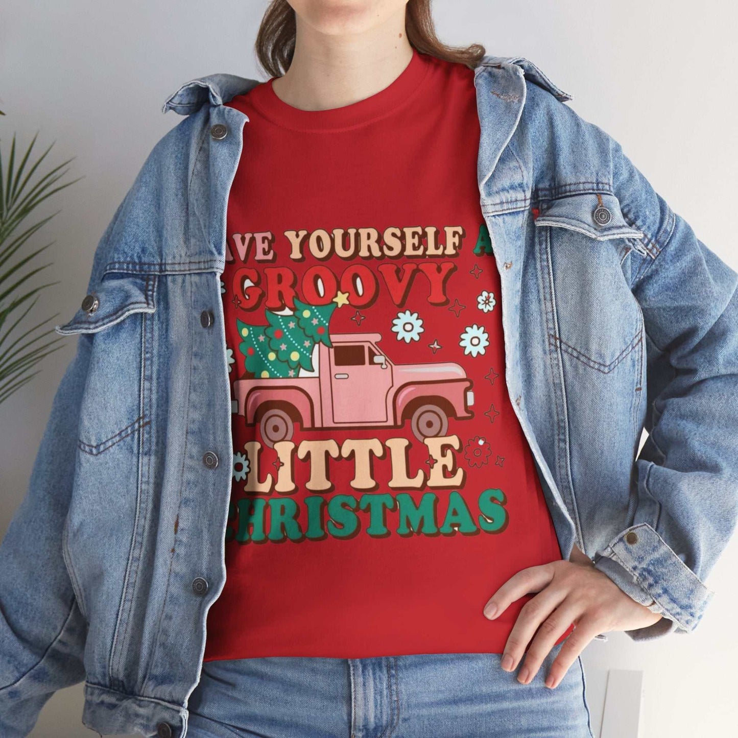 Retro red Christmas shirt with groovy design and festive print, perfect holiday gift.