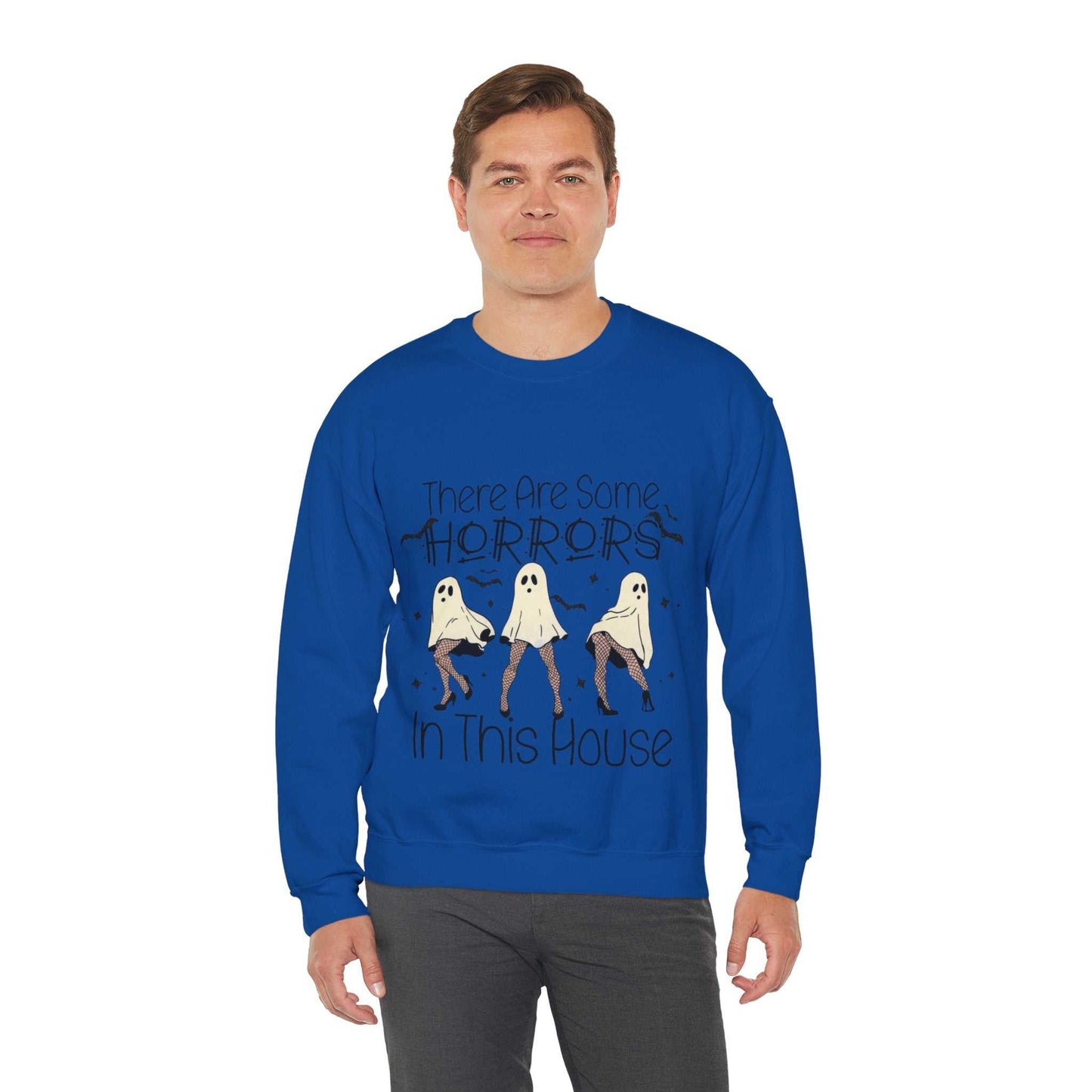 Funny Halloween Sweatshirt with ghost design and "There's Some Horrors in This House" text.