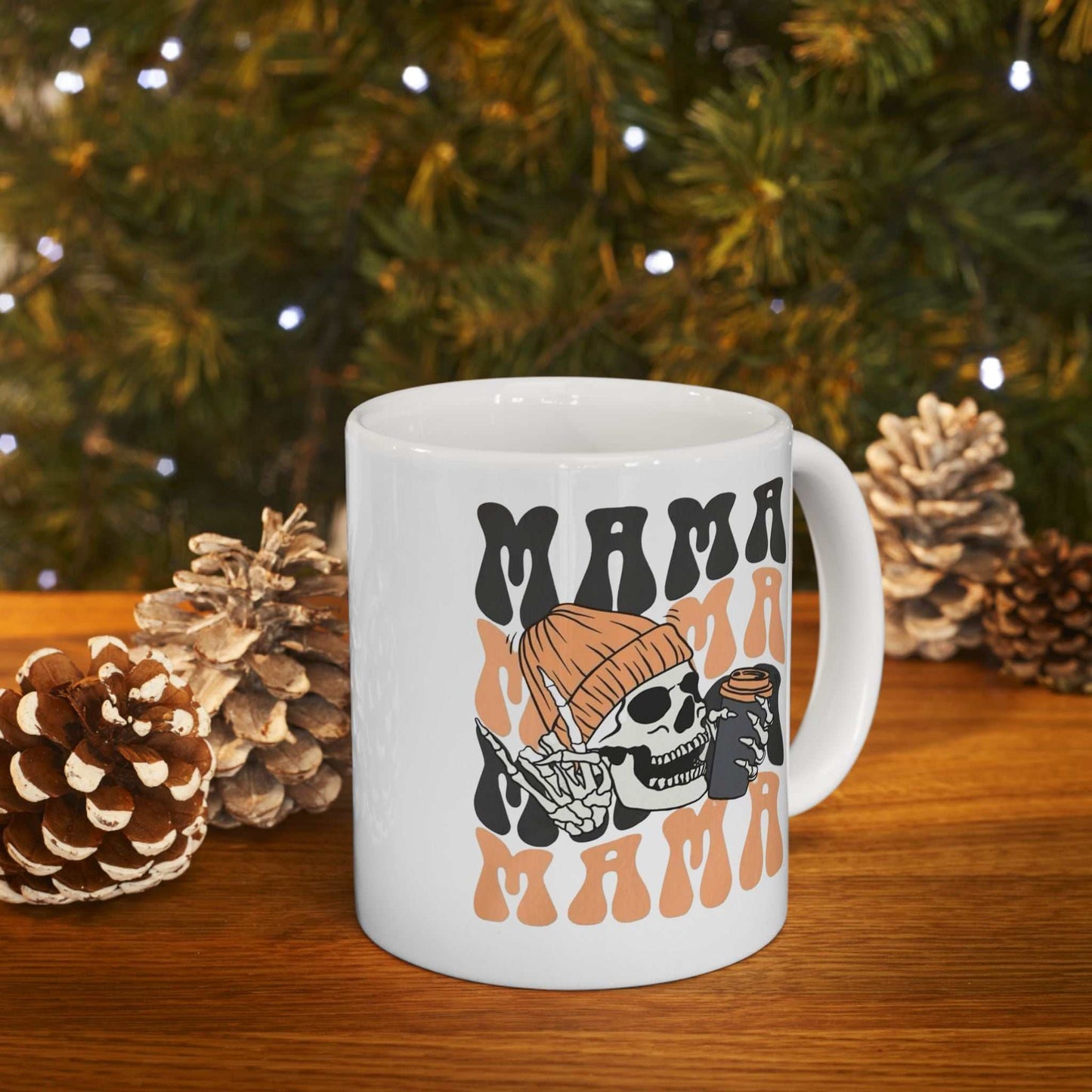 Mama Coffee Halloween Mug with skeleton design, featuring cool vintage font, perfect for coffee lovers.