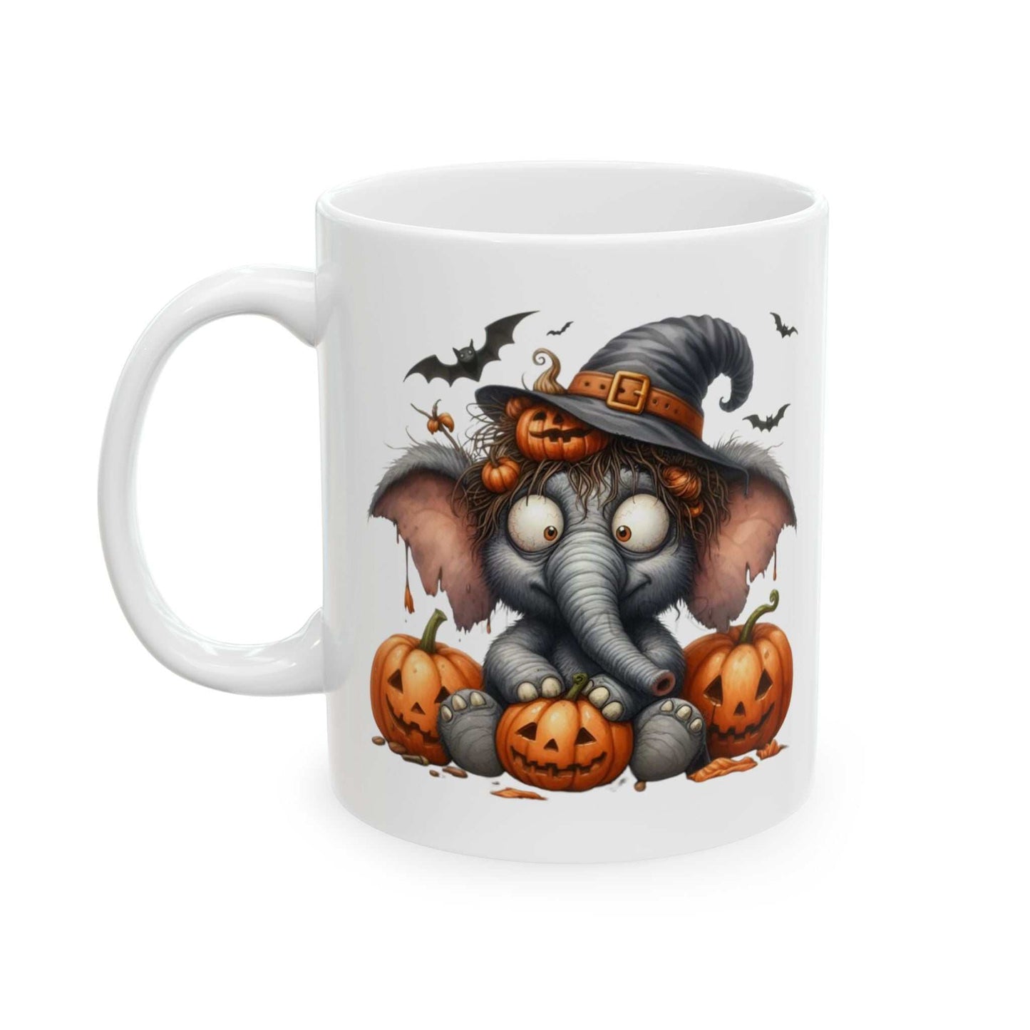 Funny Elephant Halloween mug with a cartoon elephant wearing a witch hat, surrounded by pumpkins.