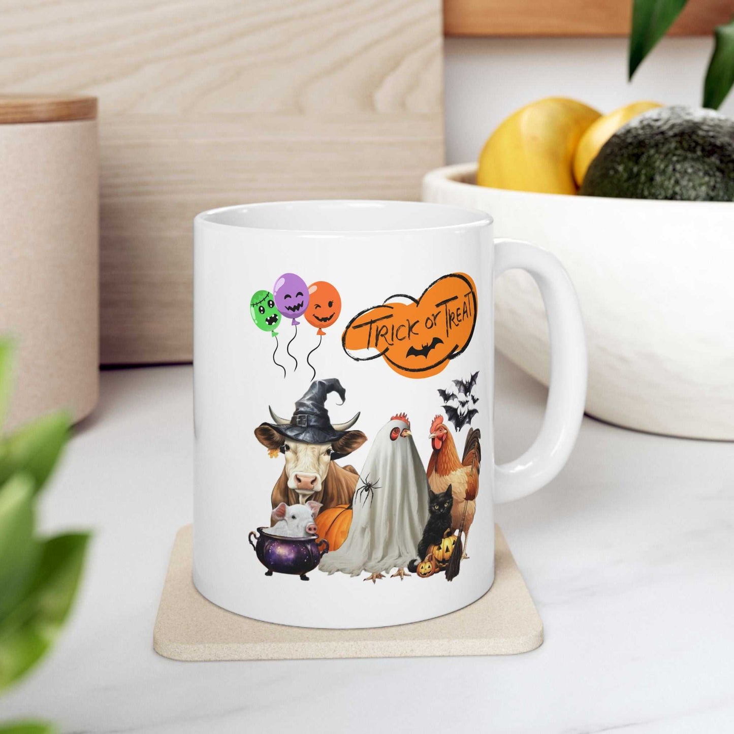 Trick or Treat Halloween Mug with festive spooky animal design, perfect for spooky season gifts.
