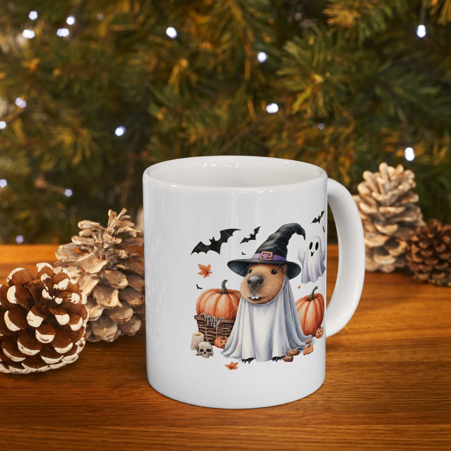 Halloween Capybara Mug featuring spooky design with capybara in costume and pumpkins, perfect for coffee lovers.