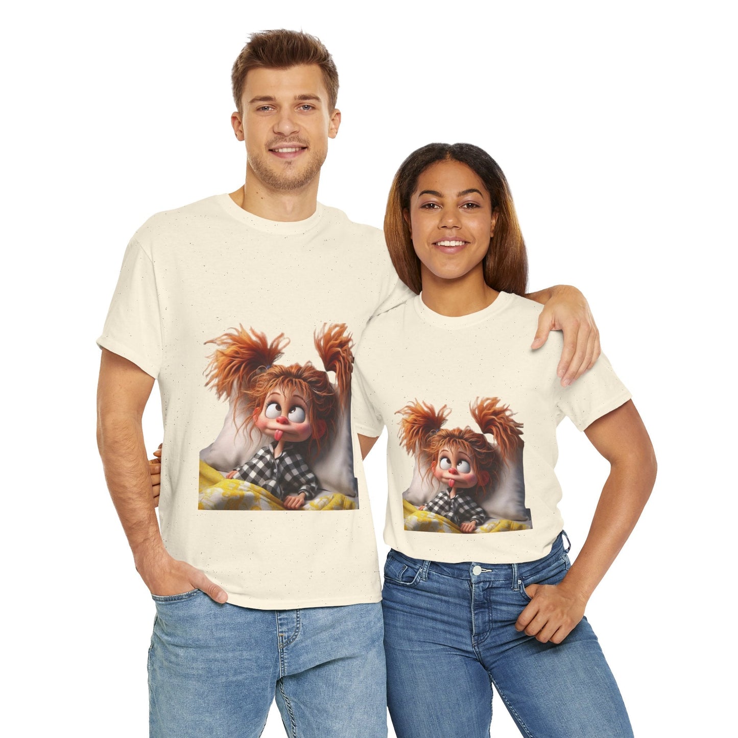 Cute Cartoon Character Unisex Heavy Cotton Tee - Perfect for Relaxed Mornings