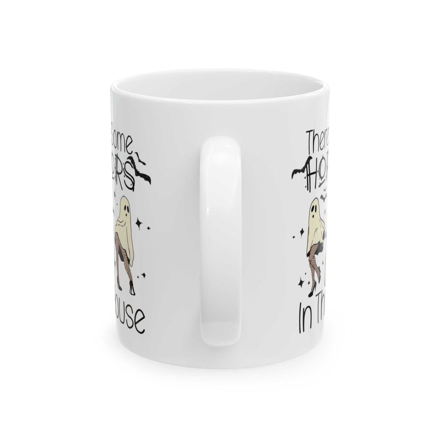 Funny Halloween mug with quirky ghost design, perfect for festive coffee moments.