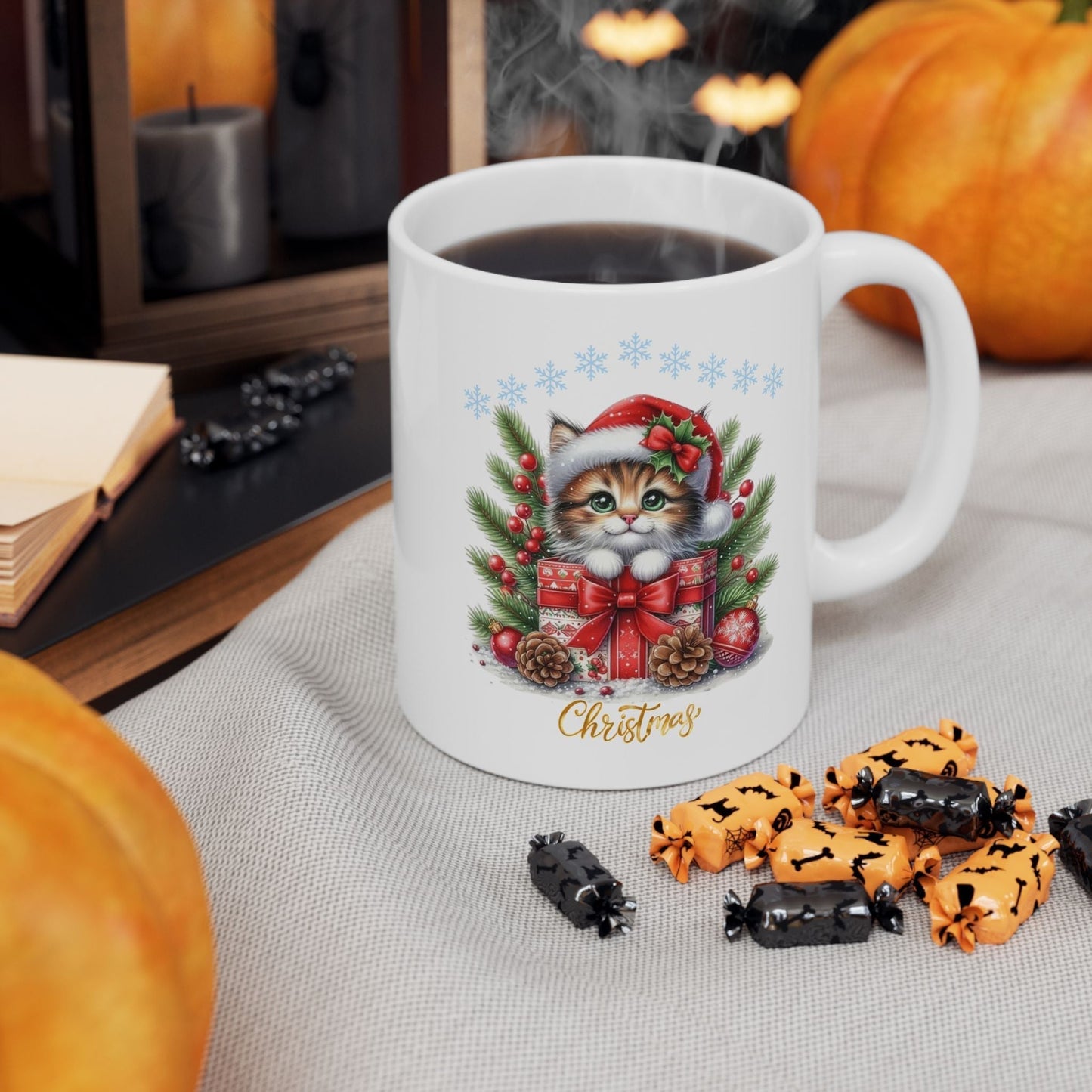 Merry Cats Christmas Mug with festive cat design, perfect holiday gift for cat lovers.
