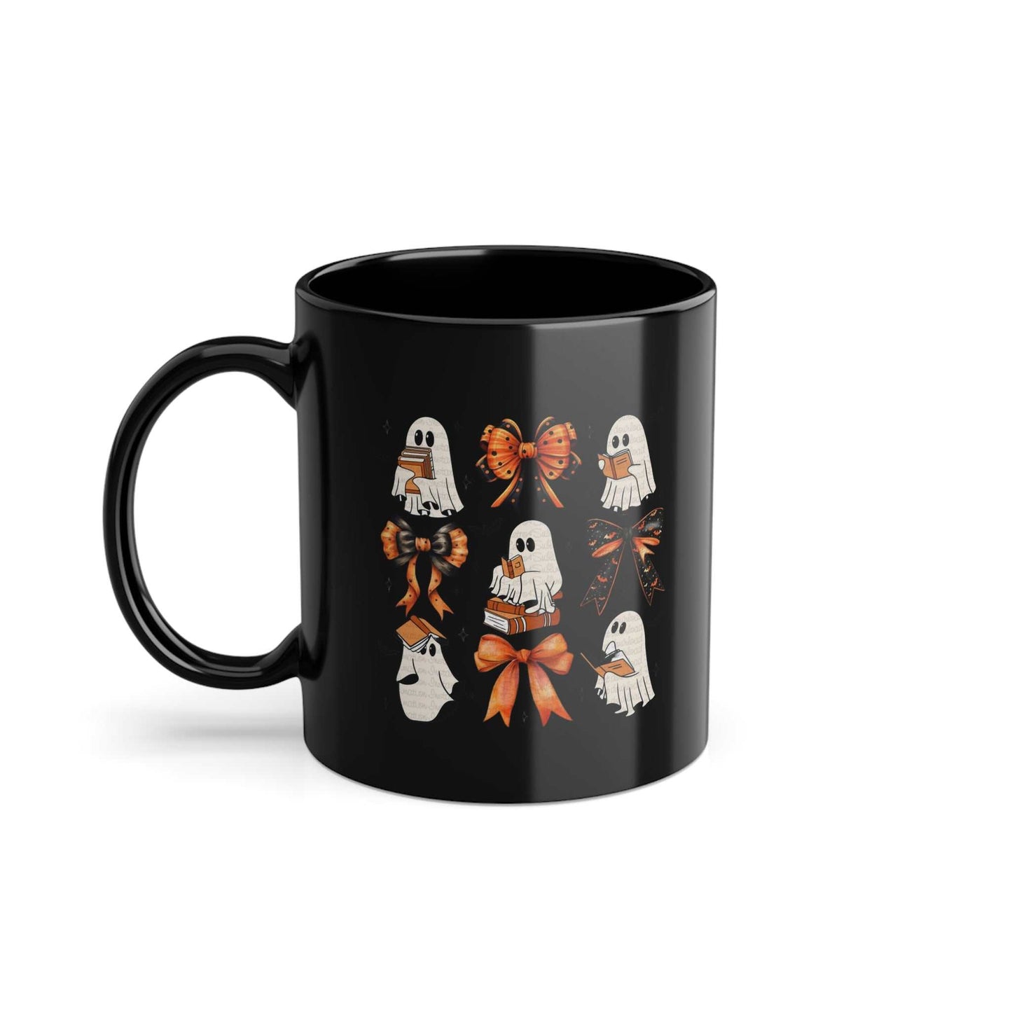 Black ceramic mug featuring book-themed ghost design with colorful bows, perfect for Halloween.