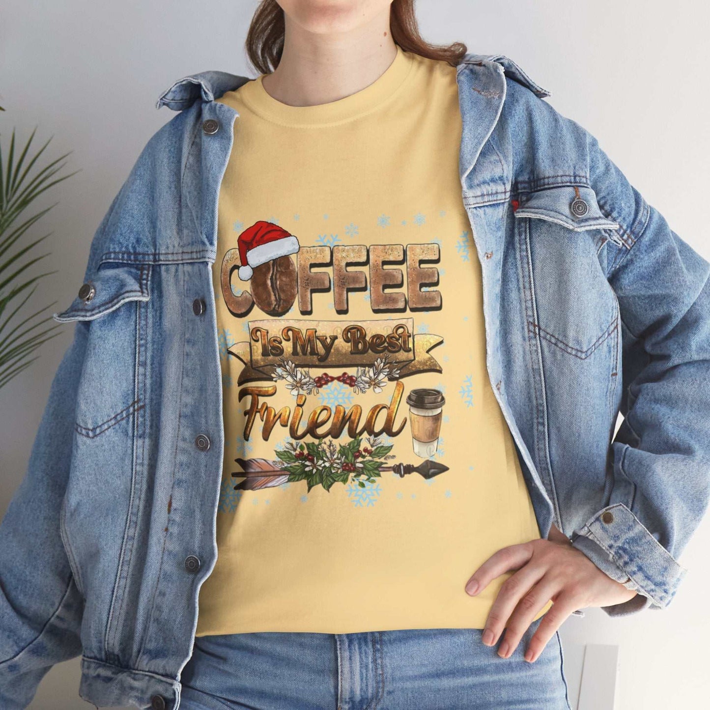 Yellow "Christmas Coffee is My Best Friend" t-shirt, perfect coffee lover gift.