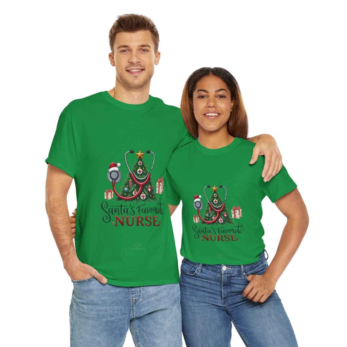 Green Santas Favorite Nurse Shirt with festive design, perfect Christmas gift for nurses.