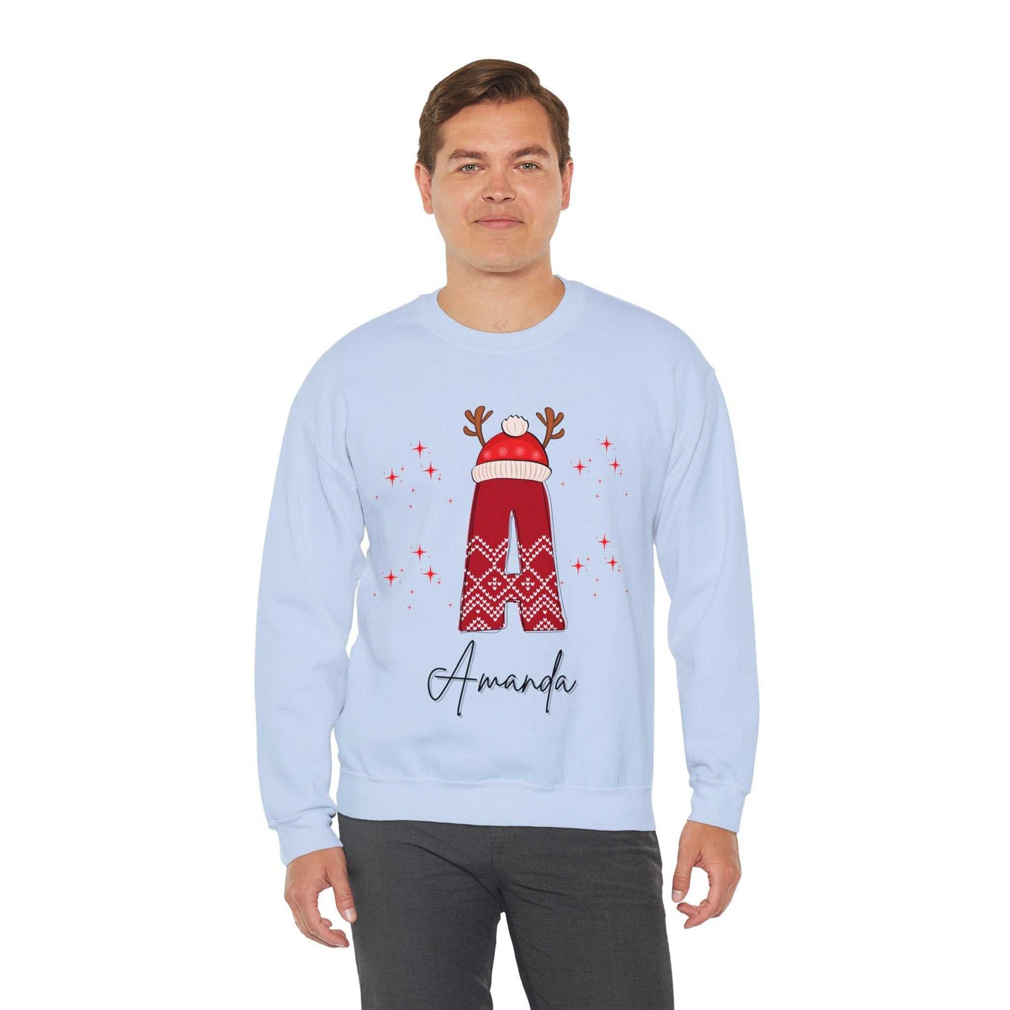 Personalized family Christmas sweatshirt with festive design and name "Amanda".
