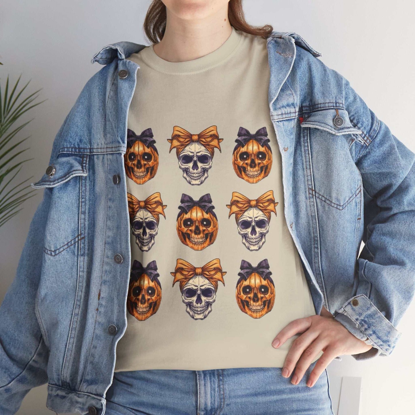 Unisex Halloween Skull Shirt with Skeleton and Bow Design.