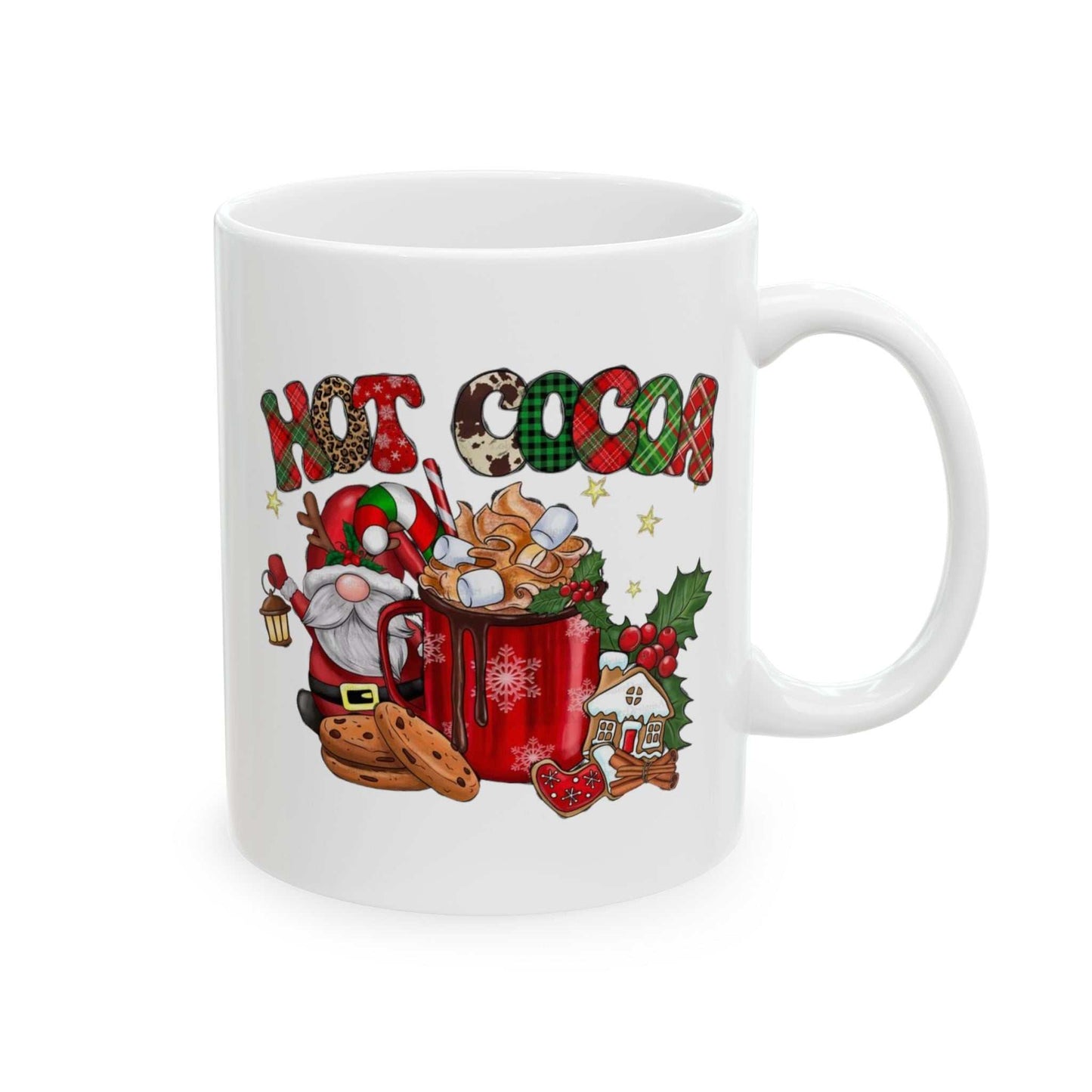 Hot Cocoa Christmas Movies Mug with festive gnome design, perfect holiday gift for movie lovers.