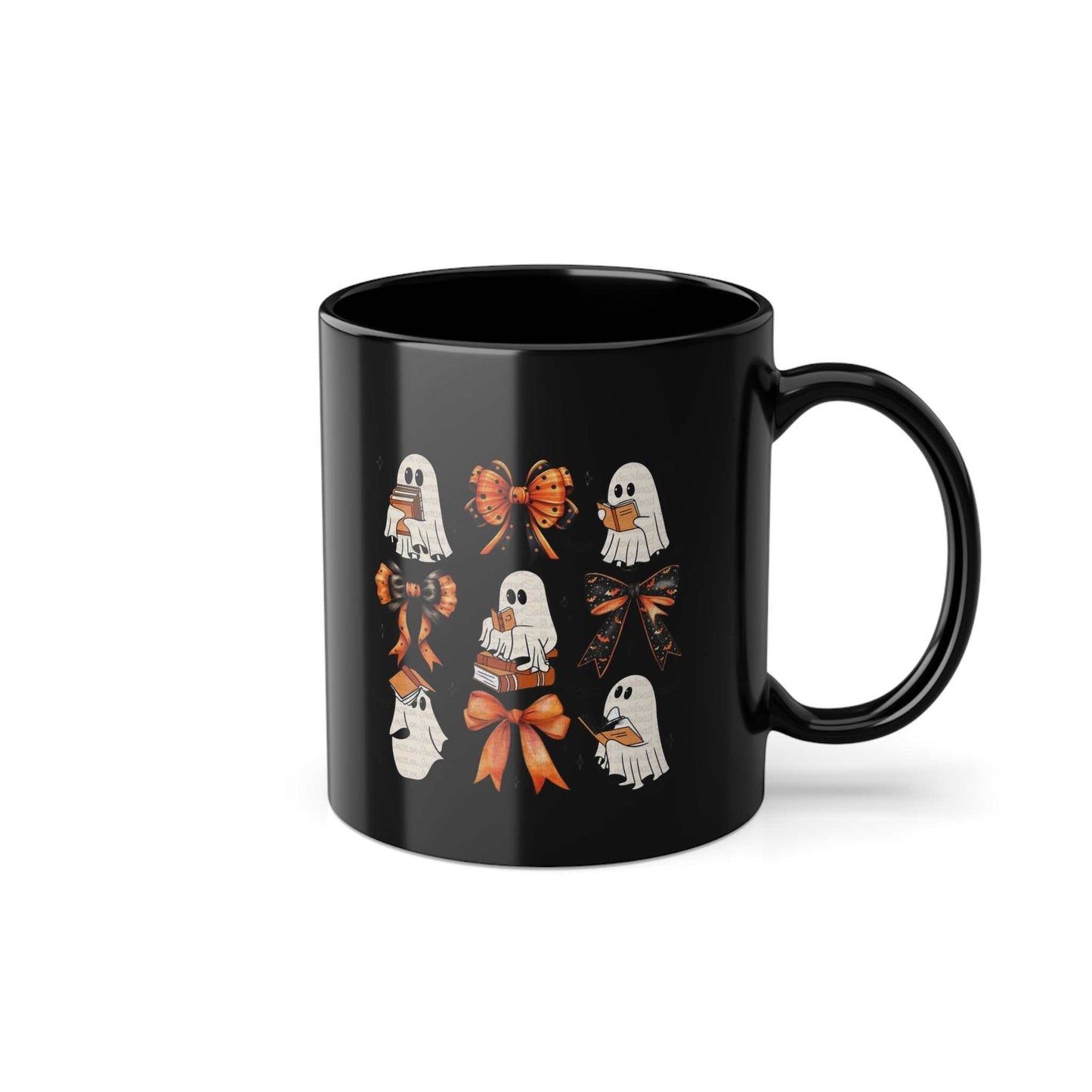 Black ceramic Halloween mug with ghost and book design, featuring a glossy finish and C-shaped handle, holds 11oz.