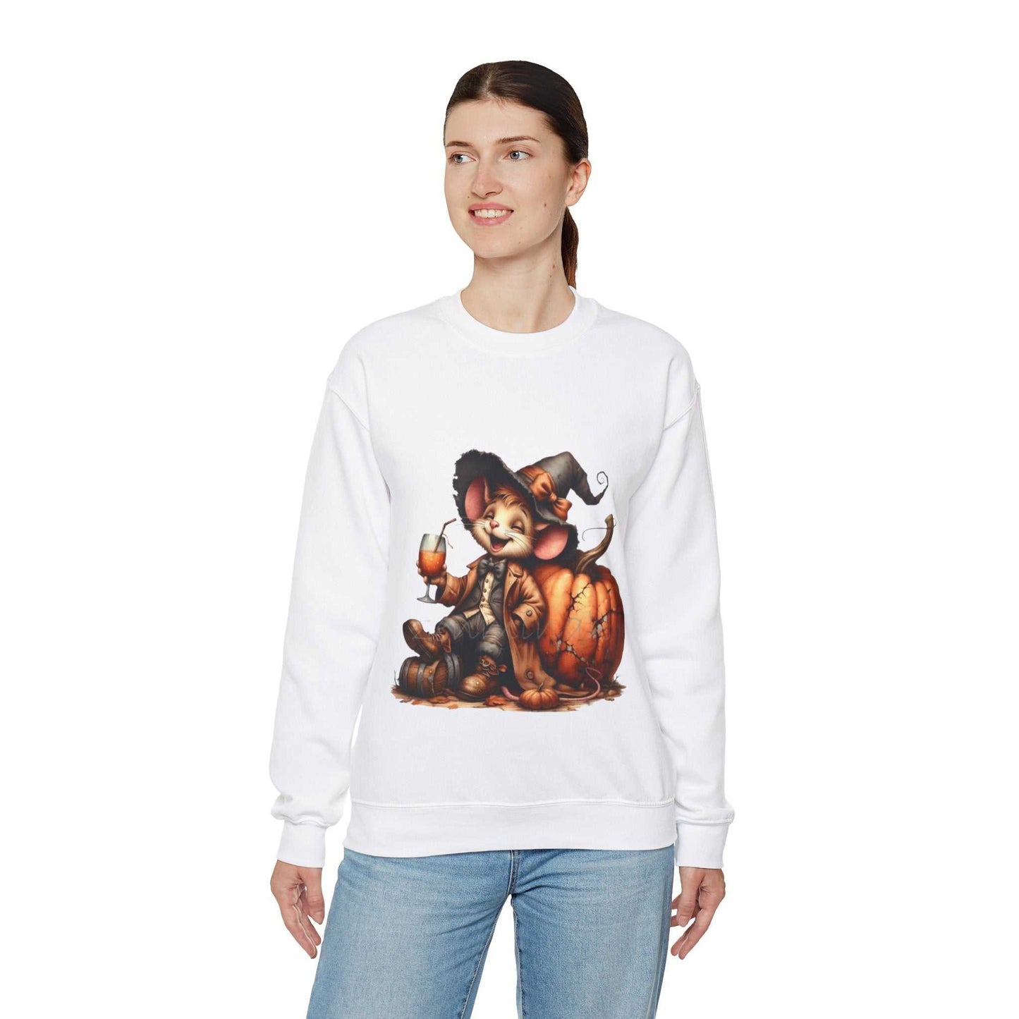 Unisex crewneck sweatshirt with a funny Halloween mouse design, featuring a cute mouse in a witch hat next to a pumpkin, ideal for spooky season.