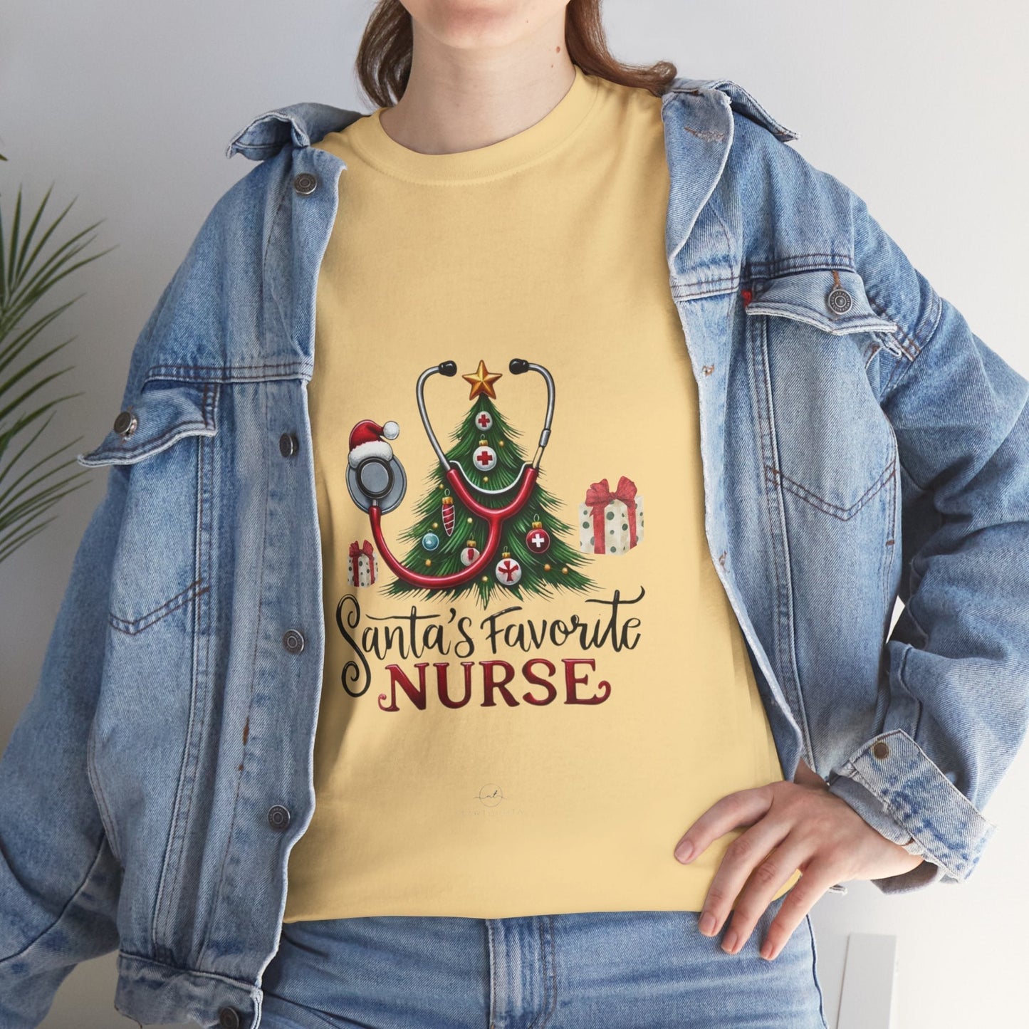 Santas Favorite Nurse Shirt with Christmas tree and stethoscope design, perfect holiday gift for nurses.