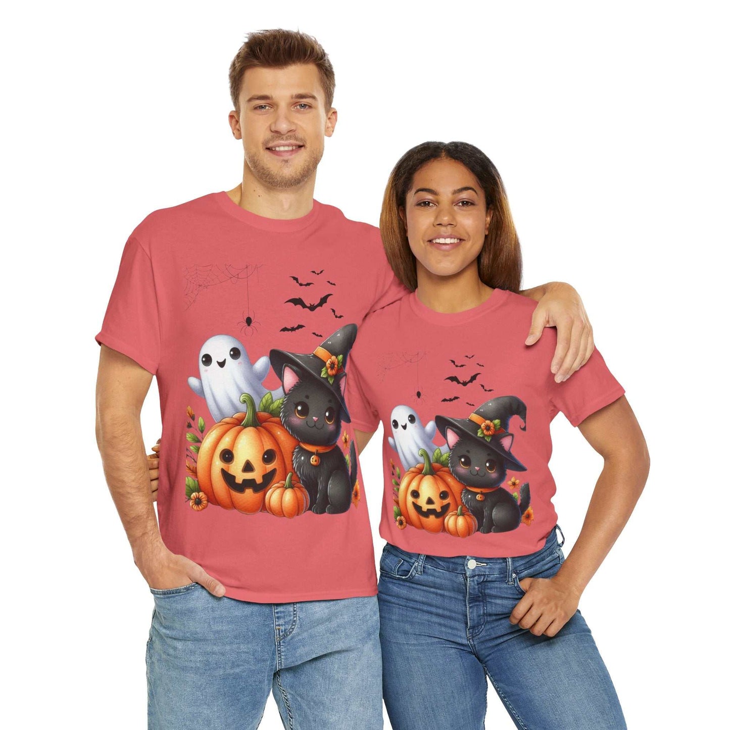 Halloween Cat Kids Shirt with black cat, pumpkin, and ghost design, perfect for spooky season and cat lovers.