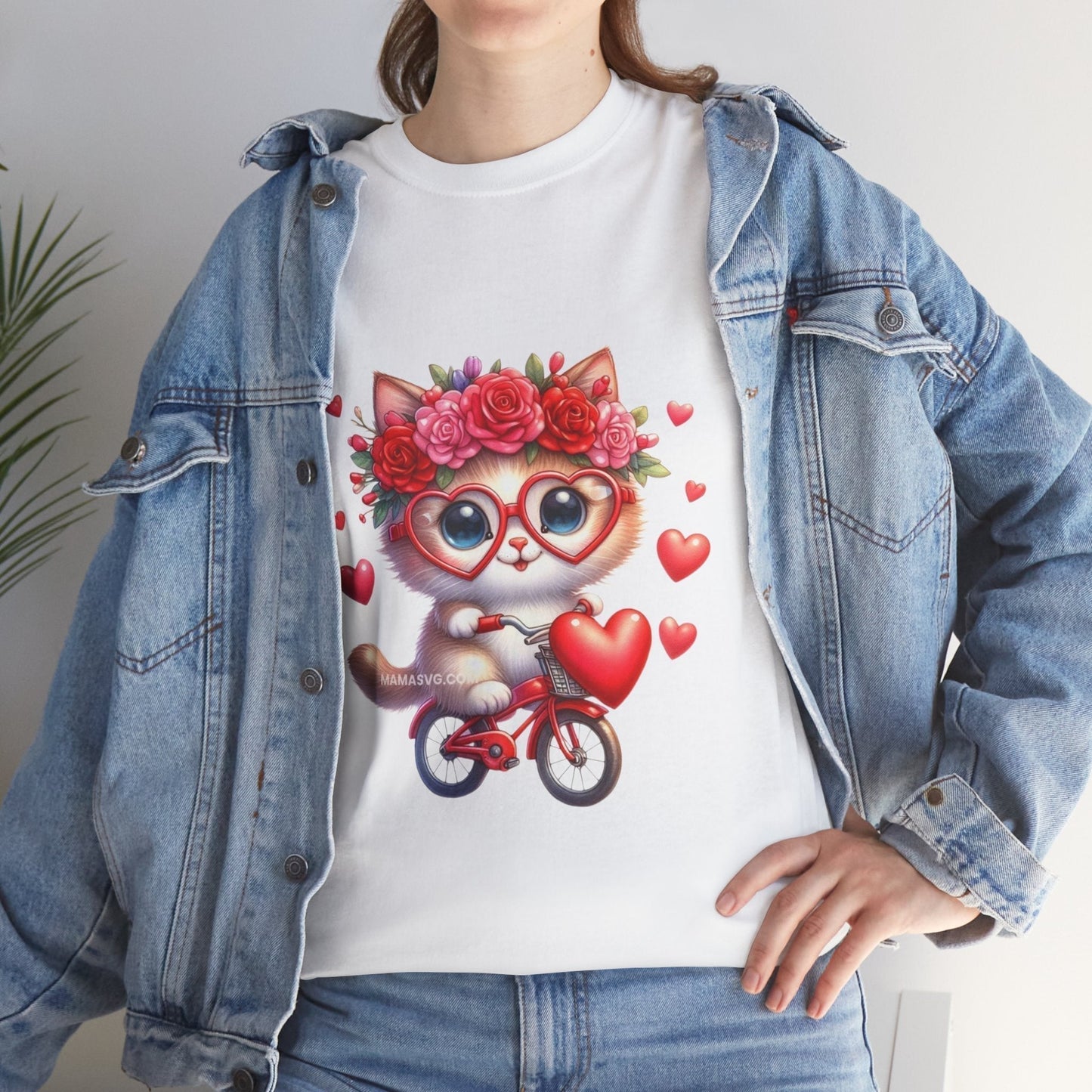 Biker Cat Cycling Hearts T-Shirt - Valentines Cat Lover Gift