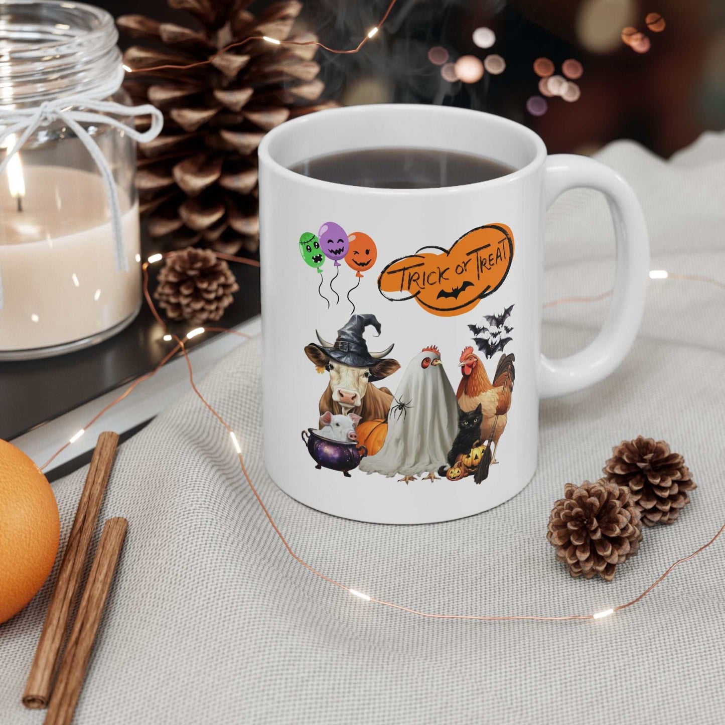 Trick or Treat Halloween mug with festive animal design, perfect for spooky season gifts.