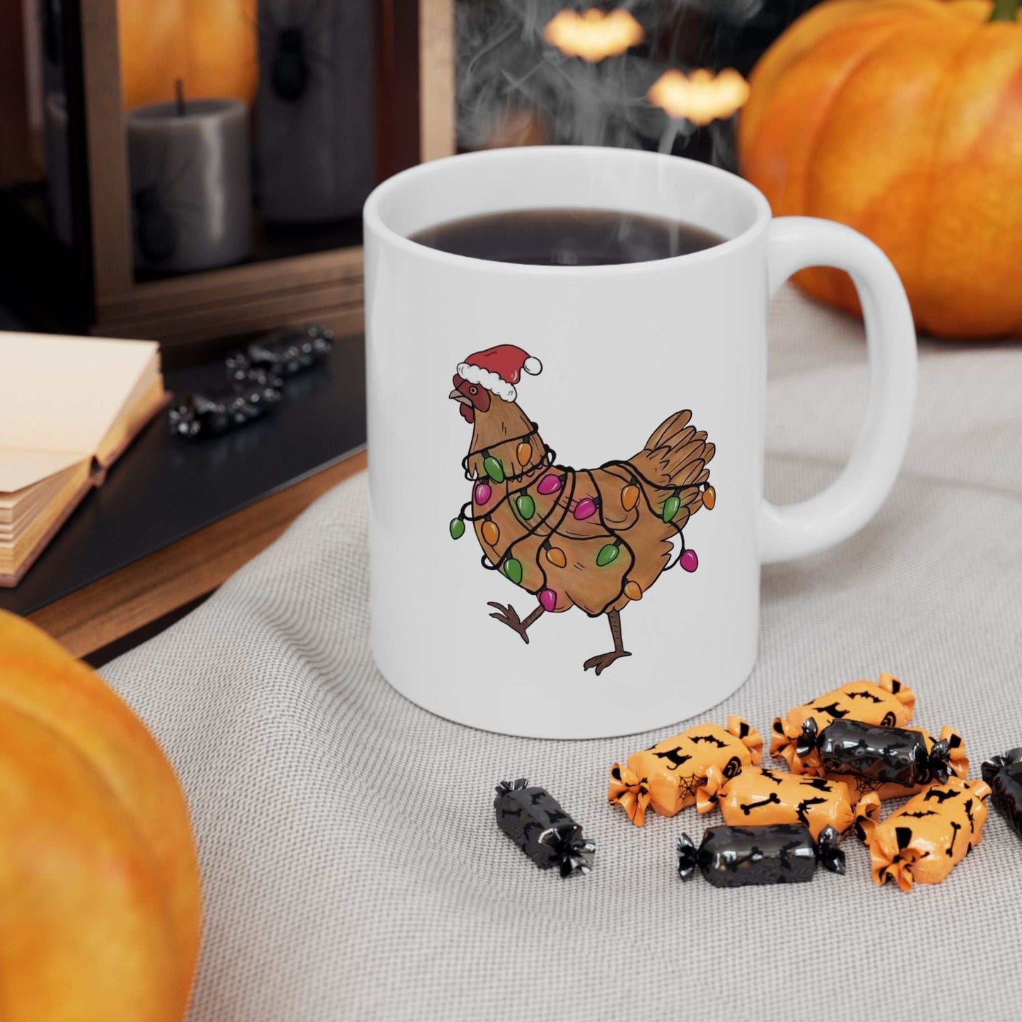 Funny Christmas chicken mug with festive chicken design, perfect holiday gift for farmers.
