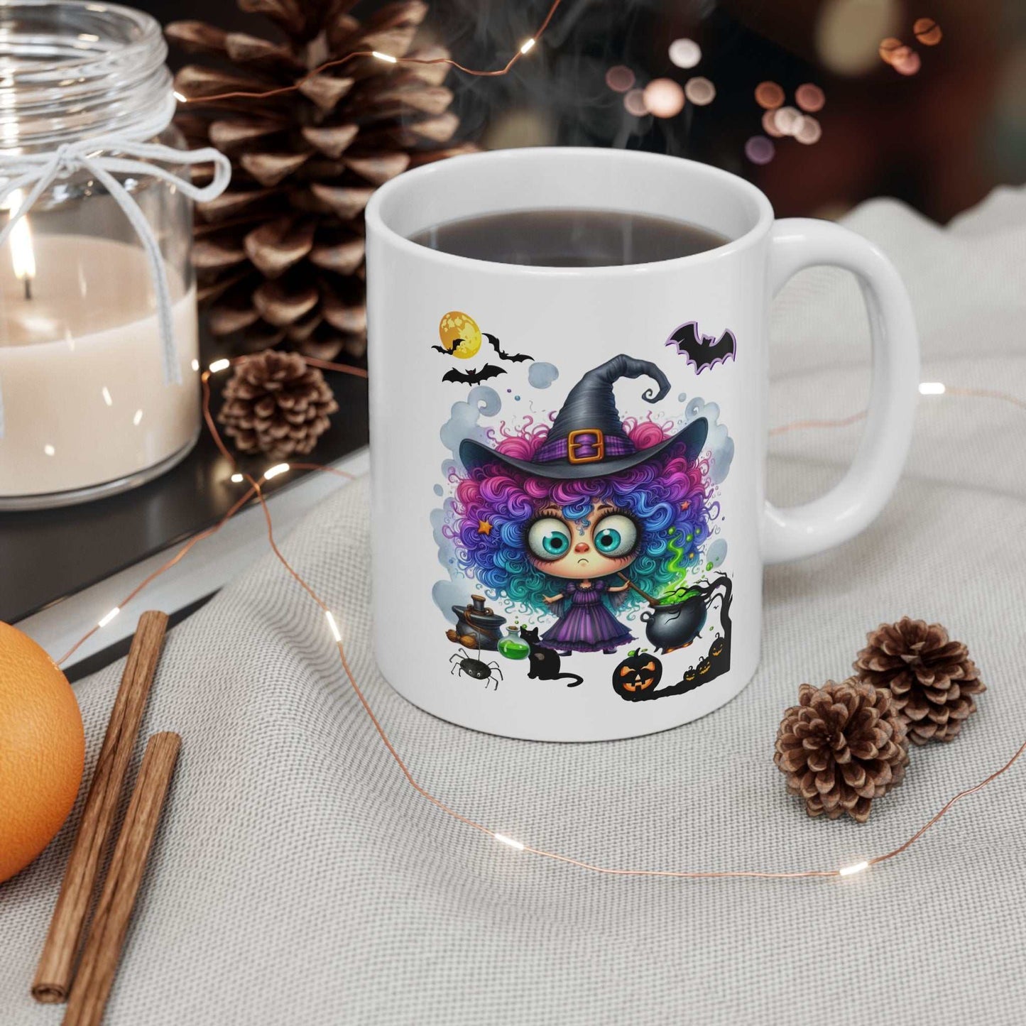 Halloween-themed ceramic mug featuring a colorful girl in a witch outfit, perfect for spooky season.