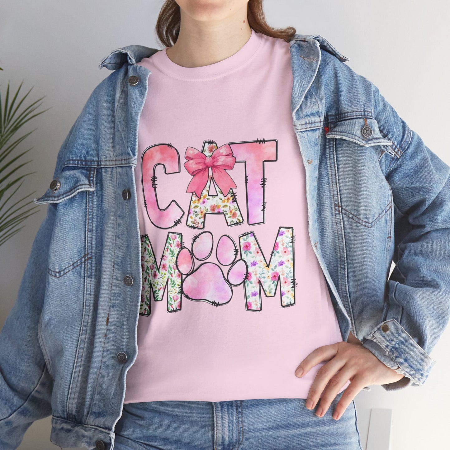 Cat Mom Unisex Heavy Cotton Tee - Floral Design for Pet Lovers