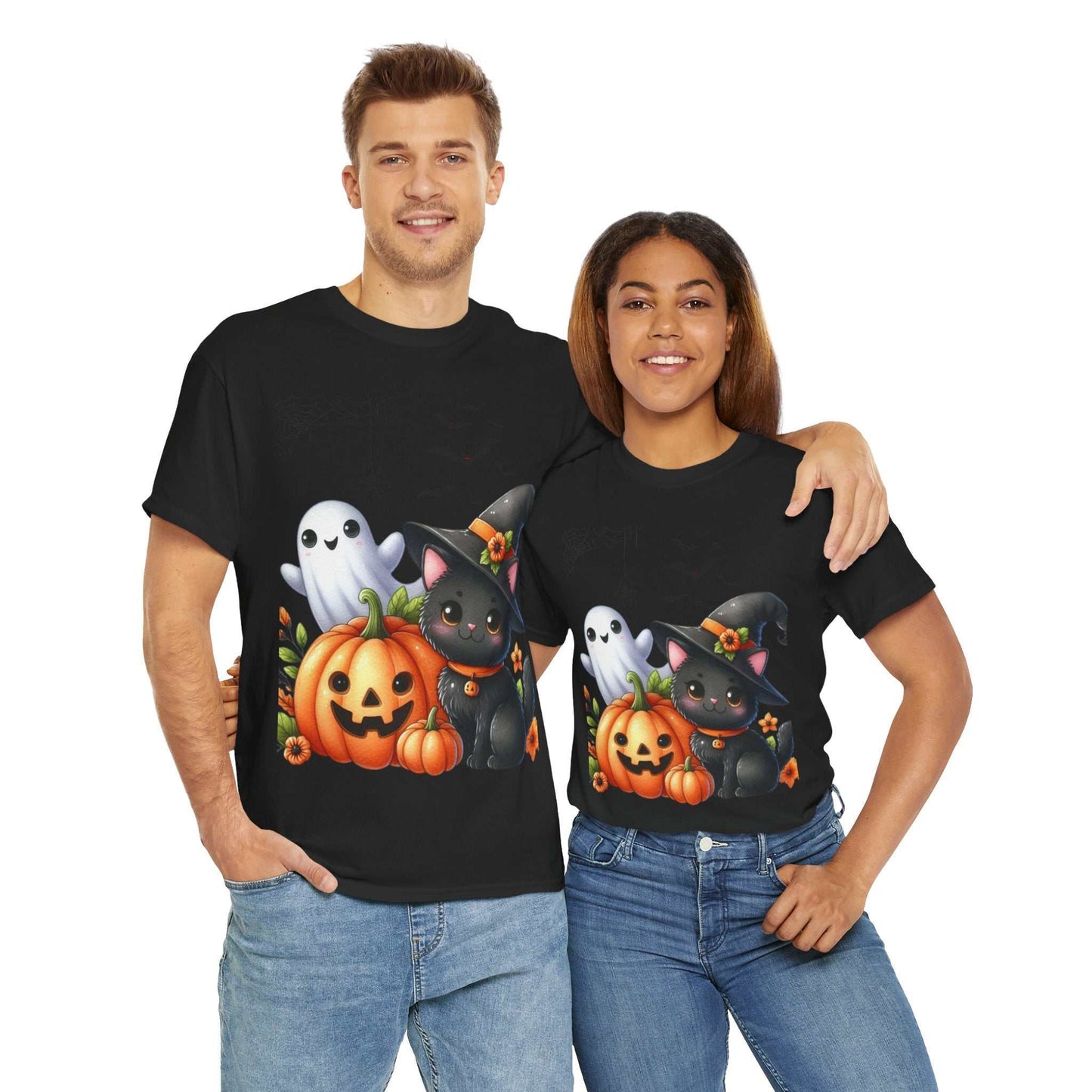 Halloween Cat Kids Shirt featuring a ghost, pumpkin, and black cat design, perfect for a spooky autumn gift.
