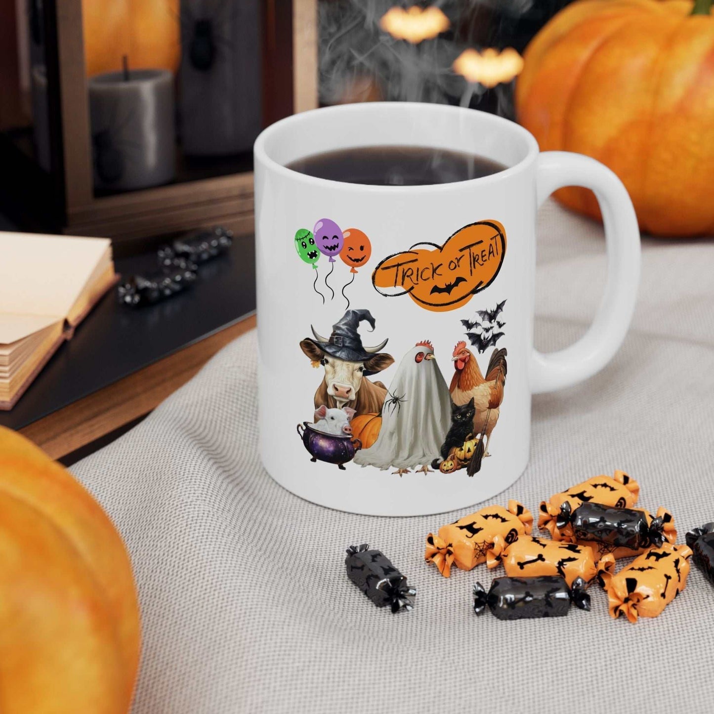 Trick or Treat Halloween mug with festive spooky design, featuring a witch's brew and Halloween icons, perfect for fall beverages.