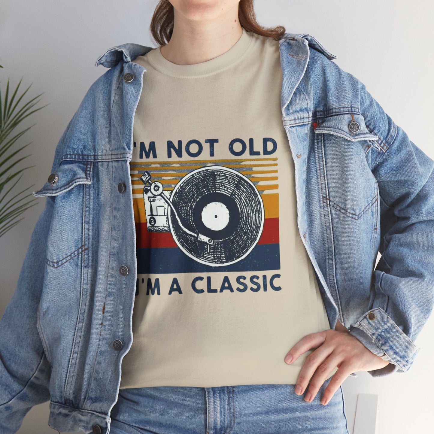 Unisex Heavy Cotton Tee with "I'm Not Old, I'm A Classic" vinyl record design, retro style.