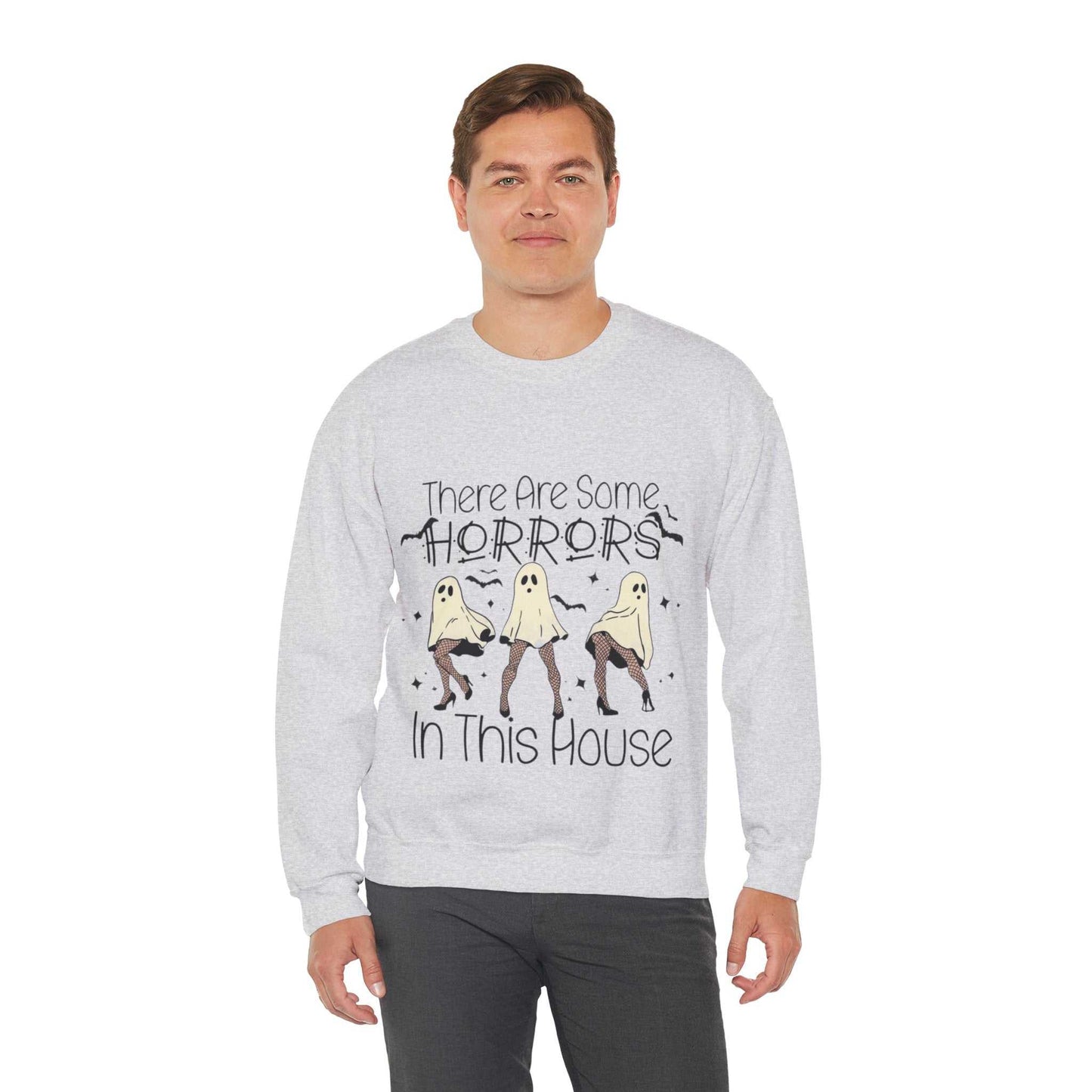 Funny Halloween Sweatshirt with ghost design and "There's Some Horrors in This House" text.