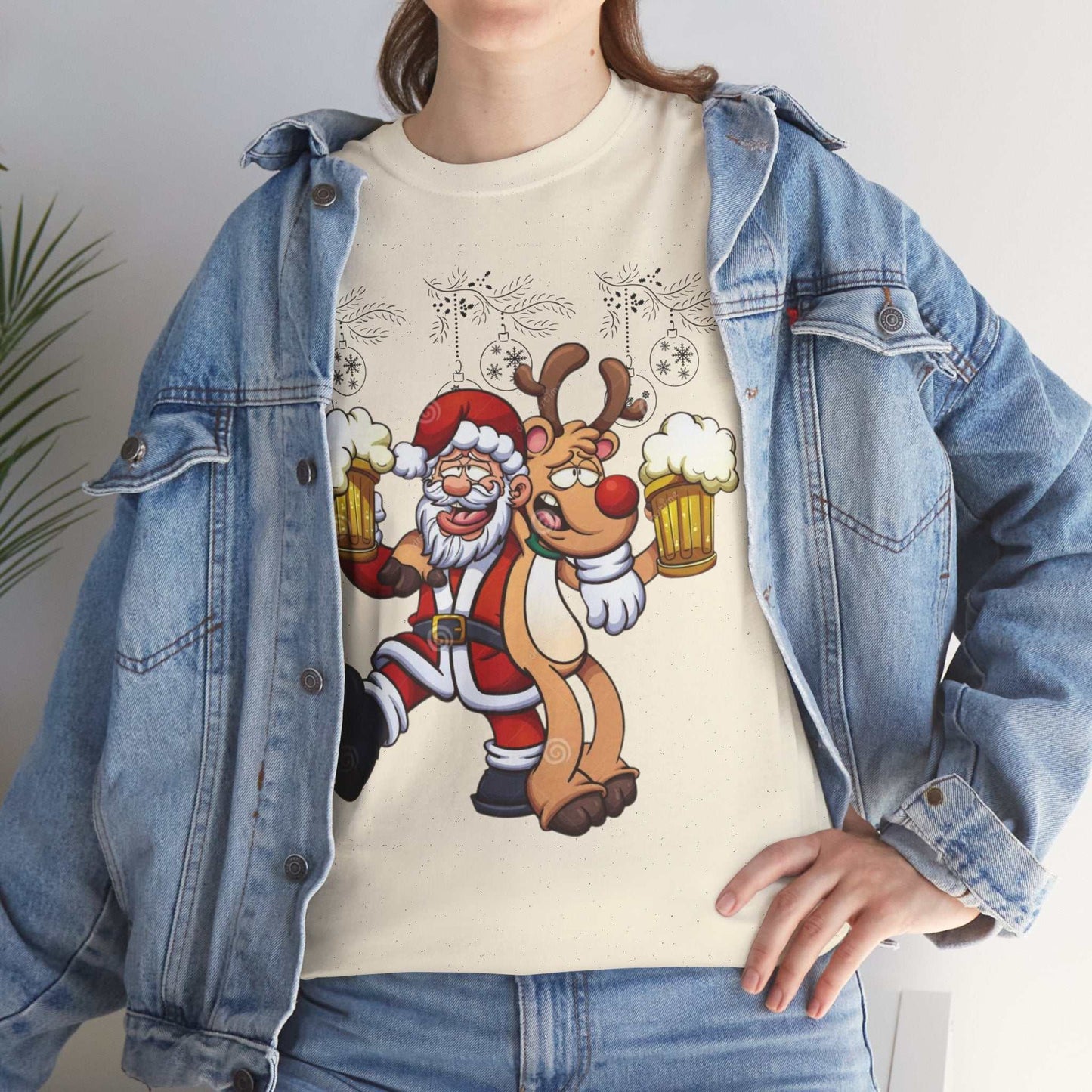 Funny Beer Santa Christmas shirt featuring Santa and Rudolf with beer mugs, perfect holiday gift for beer lovers.