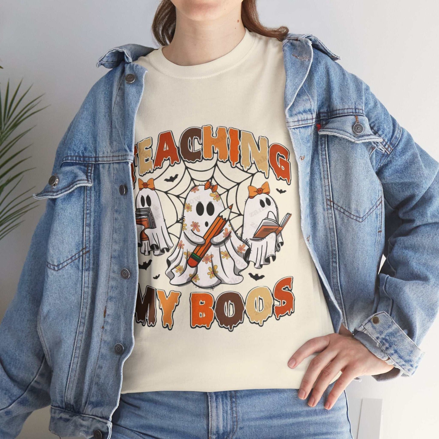 Comfort Colors Teaching My Boos Shirt with Halloween ghost design, ideal for teachers.