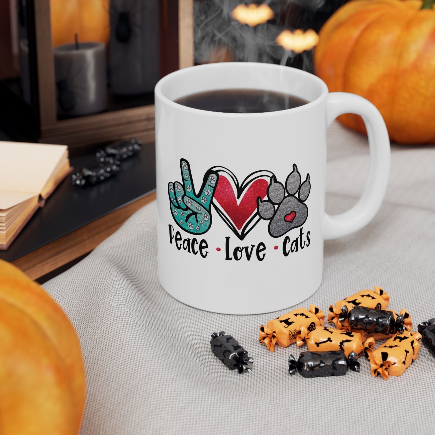 Cute Cat Lover Ceramic Mug - Peace & Paws Design (11oz, 15oz)