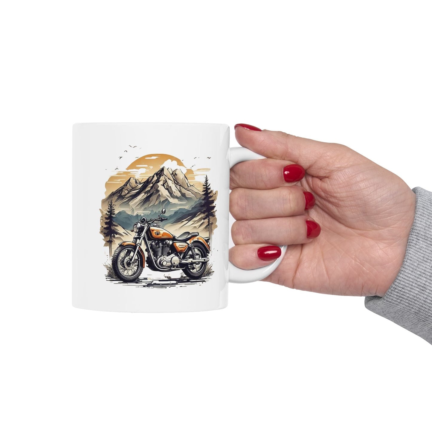 Adventure Awaits Ceramic Mug - Motorcycle & Mountain Design, Great for Nature Lovers