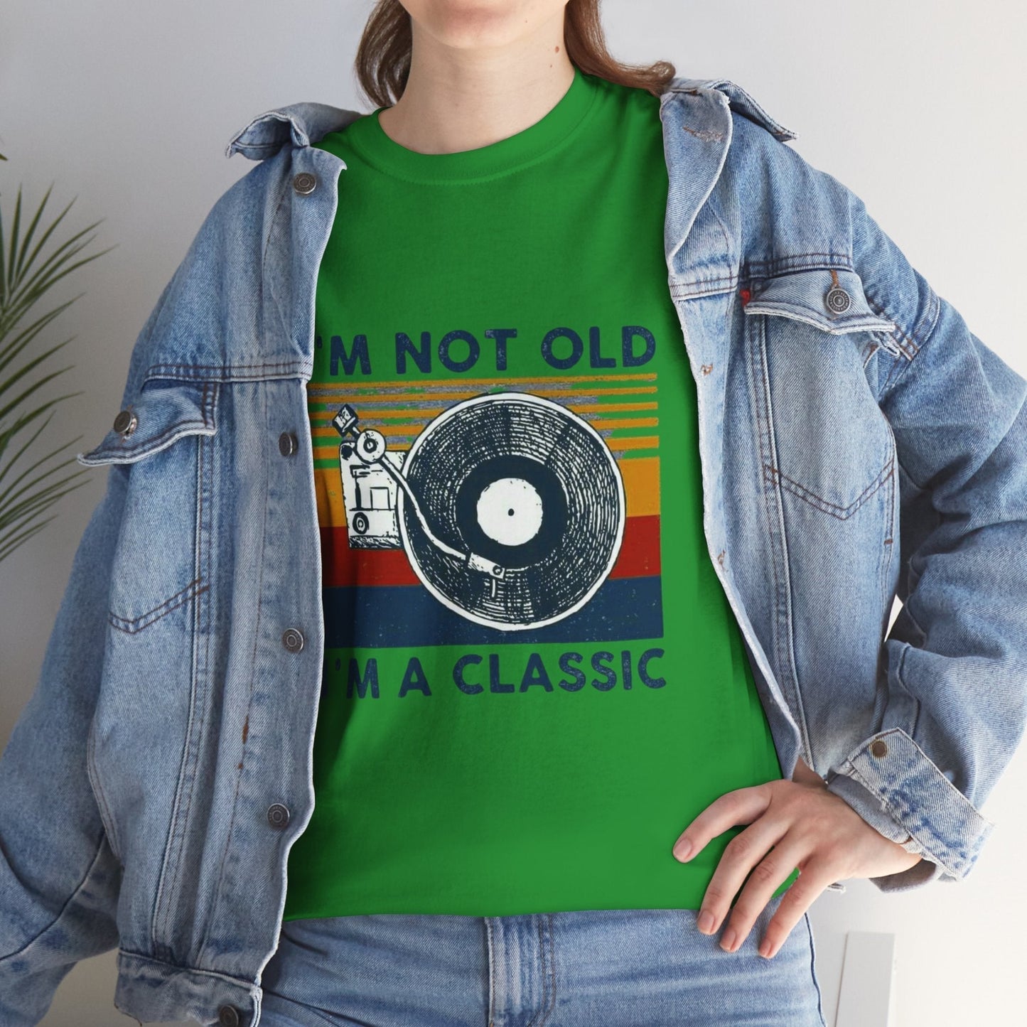 Retro Vinyl Record Unisex Heavy Cotton Tee with "I'm Not Old, I'm A Classic" slogan, ideal for music and retro enthusiasts.