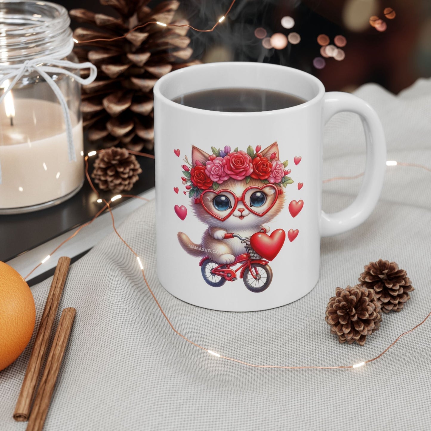 Biker Cat Cycling Hearts Mugs, Valentines Cat Lover Gift